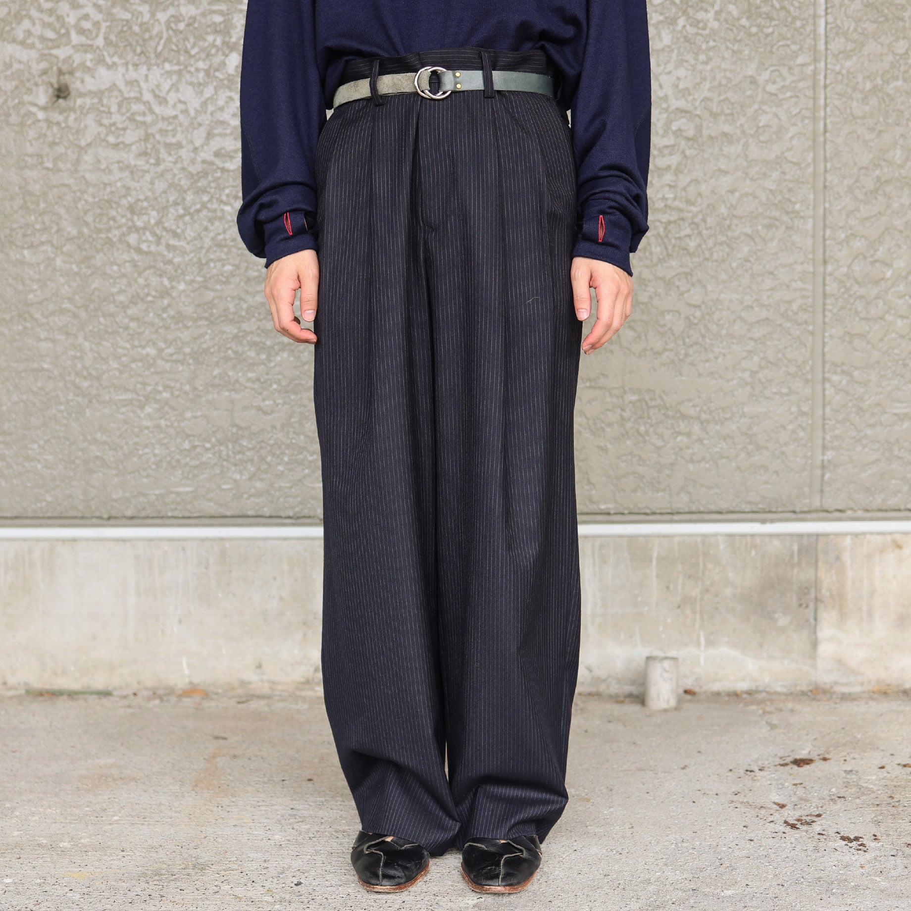 WOOL STRIPE 2 TUCK PANTS(D.NAVY)