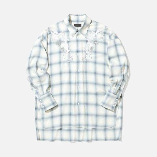 EMBROIDERY RAYON OMBRE CHECK SHIRTS(MISTIC WHITE)