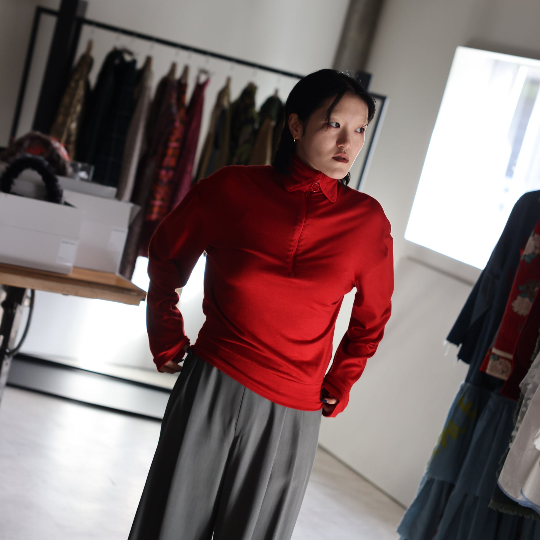 WASHABLE WOOL VOLUME SLEEVE JERSEY(RED)