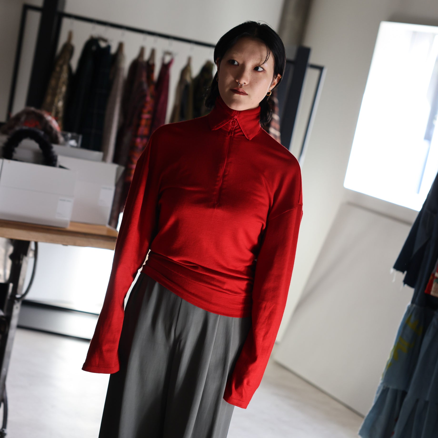 WASHABLE WOOL VOLUME SLEEVE JERSEY(RED)