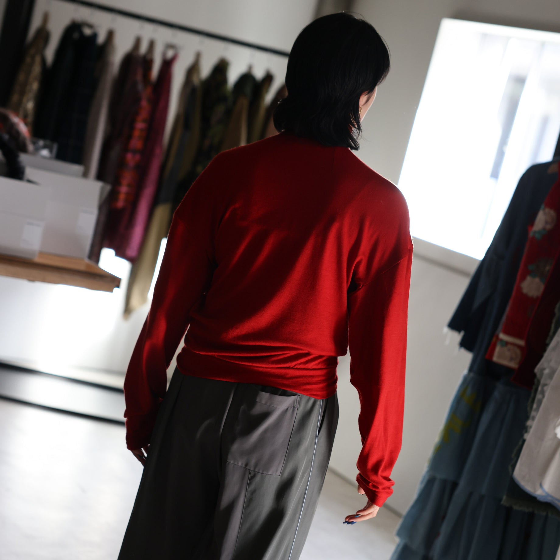 WASHABLE WOOL VOLUME SLEEVE JERSEY(RED)