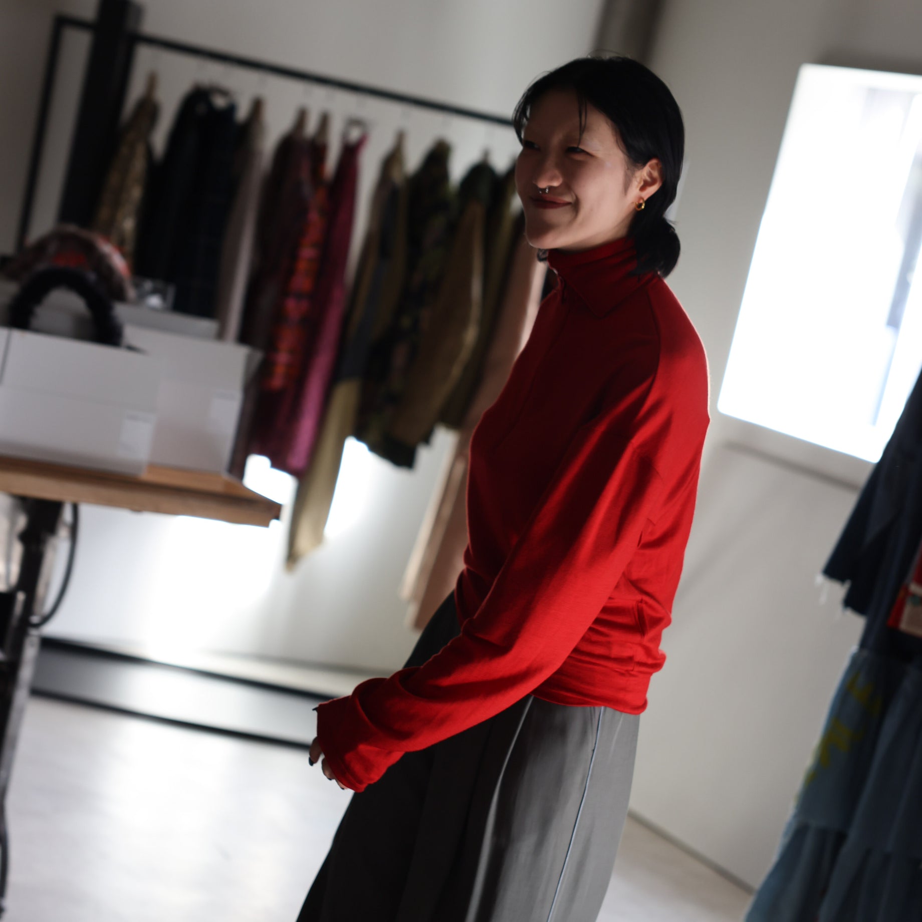 WASHABLE WOOL VOLUME SLEEVE JERSEY(RED)