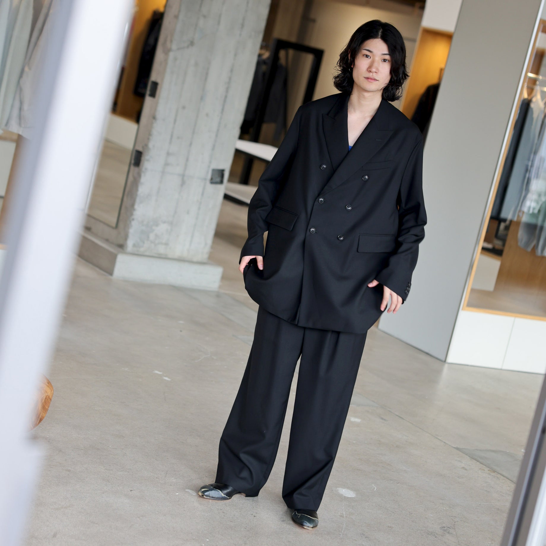 WOOL MAD CLOTH - DOUBLE BREASTED JACKET (BLACK)
