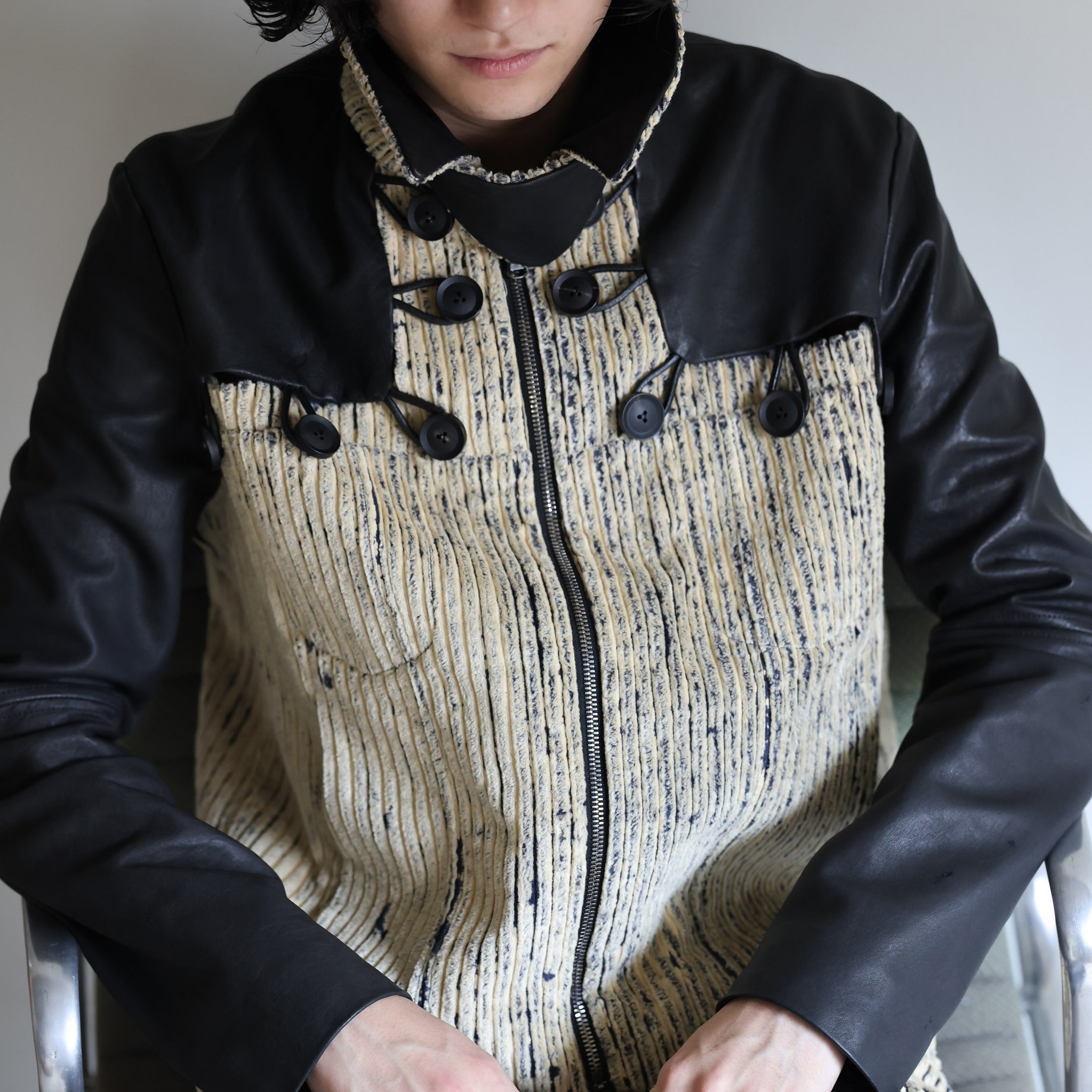 BUTTONED PATCH LEATHER JK (NAVY)