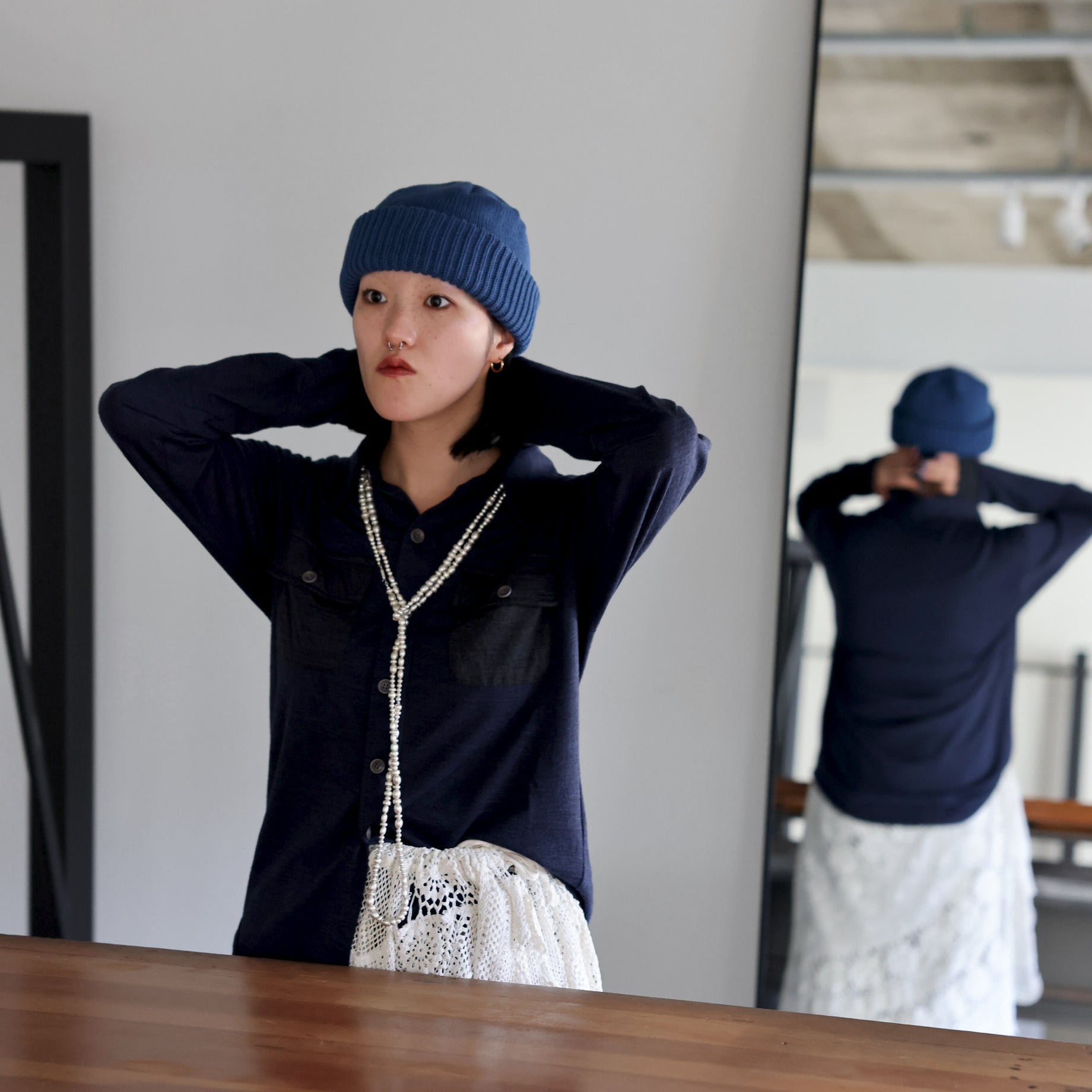 SUPER 120'S TOP WOOL JERSEY FRAP SHIRT (NV × CHARCOAL)