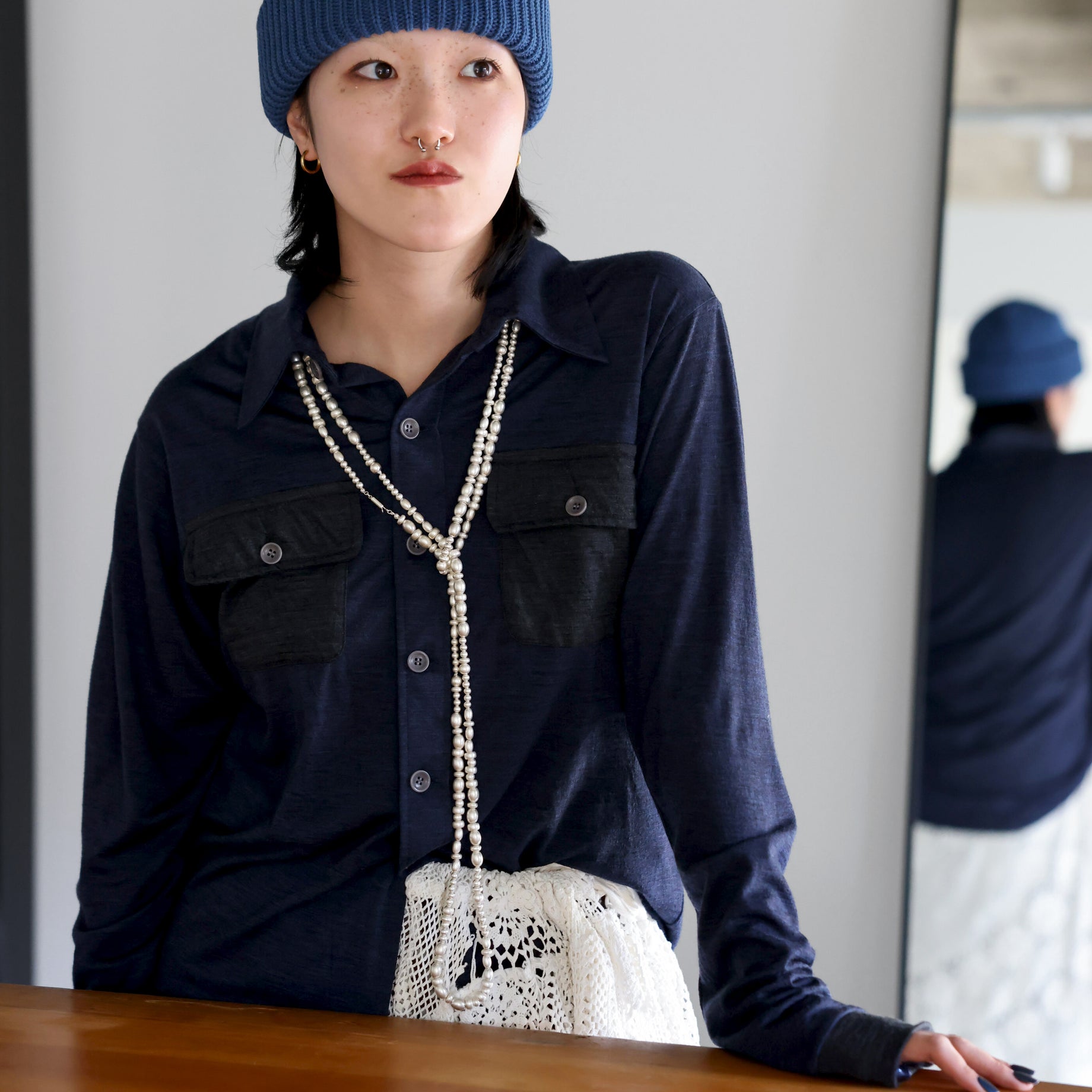 SUPER 120'S TOP WOOL JERSEY FRAP SHIRT (NV × CHARCOAL)