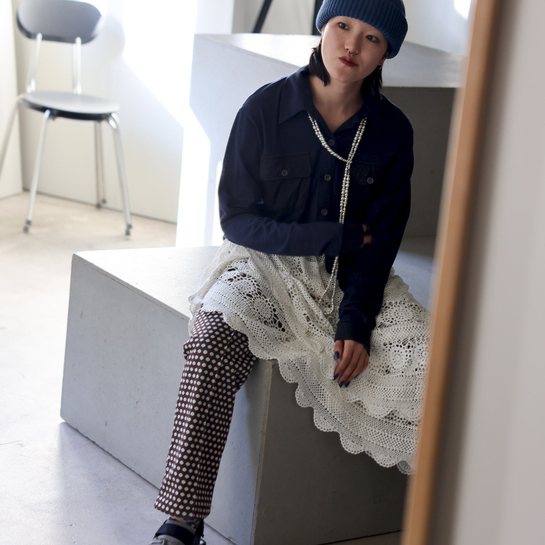SUPER 120'S TOP WOOL JERSEY FRAP SHIRT (NV × CHARCOAL)