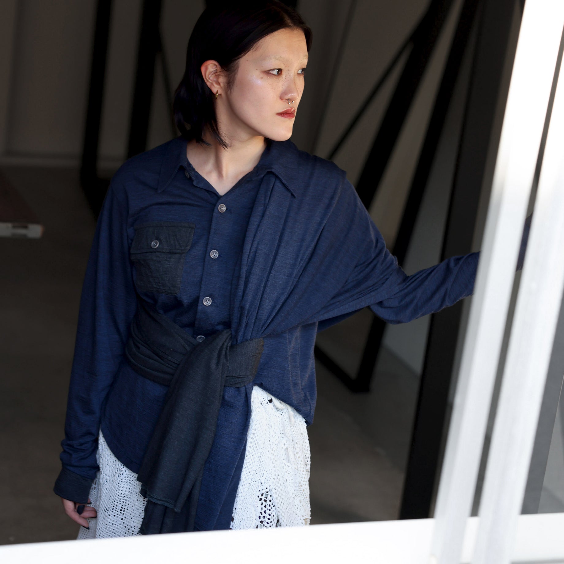 SUPER 120'S TOP WOOL JERSEY FRAP SHIRT (NV × CHARCOAL)