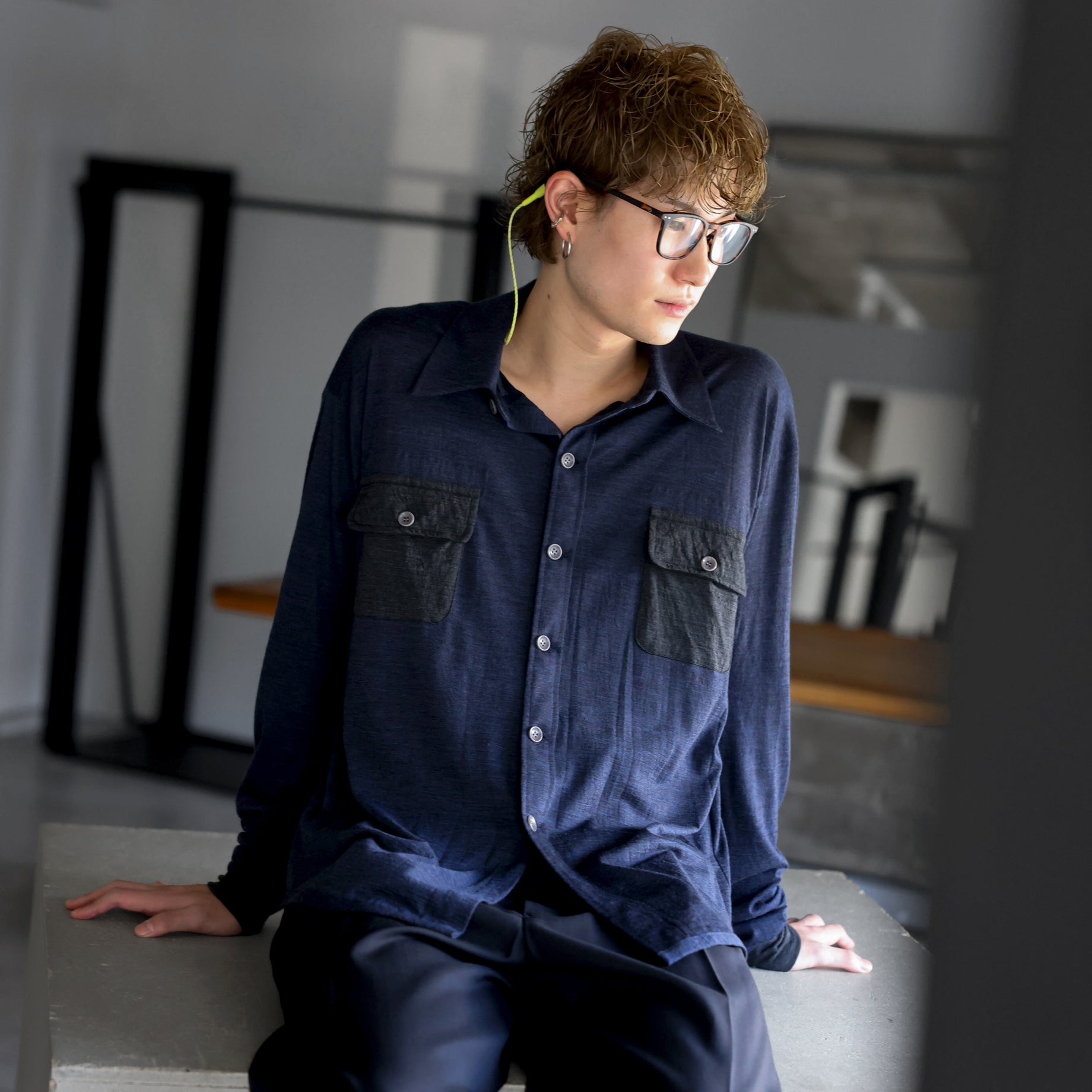 SUPER 120'S TOP WOOL JERSEY FRAP SHIRT (NV × CHARCOAL)