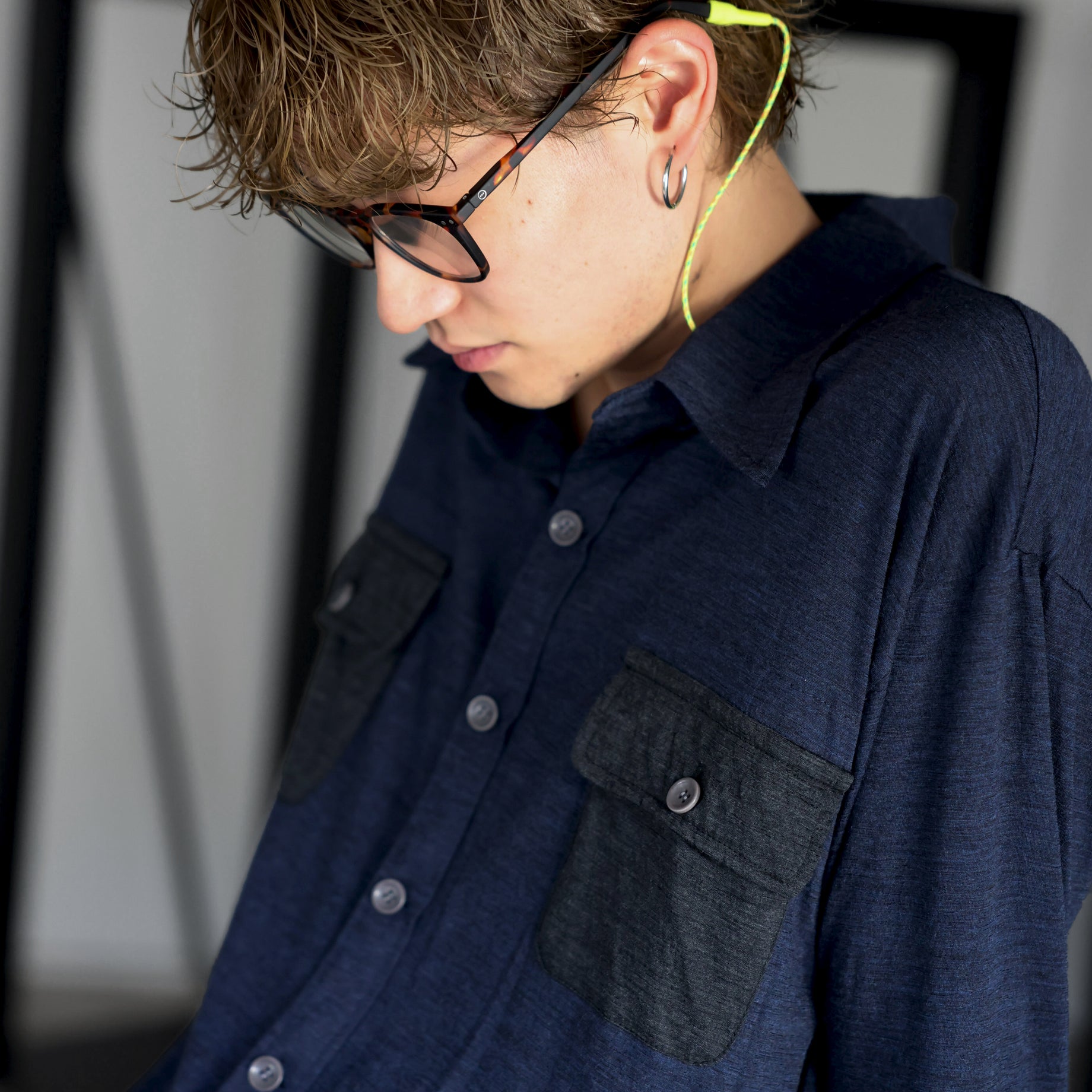 SUPER 120'S TOP WOOL JERSEY FRAP SHIRT (NV × CHARCOAL)