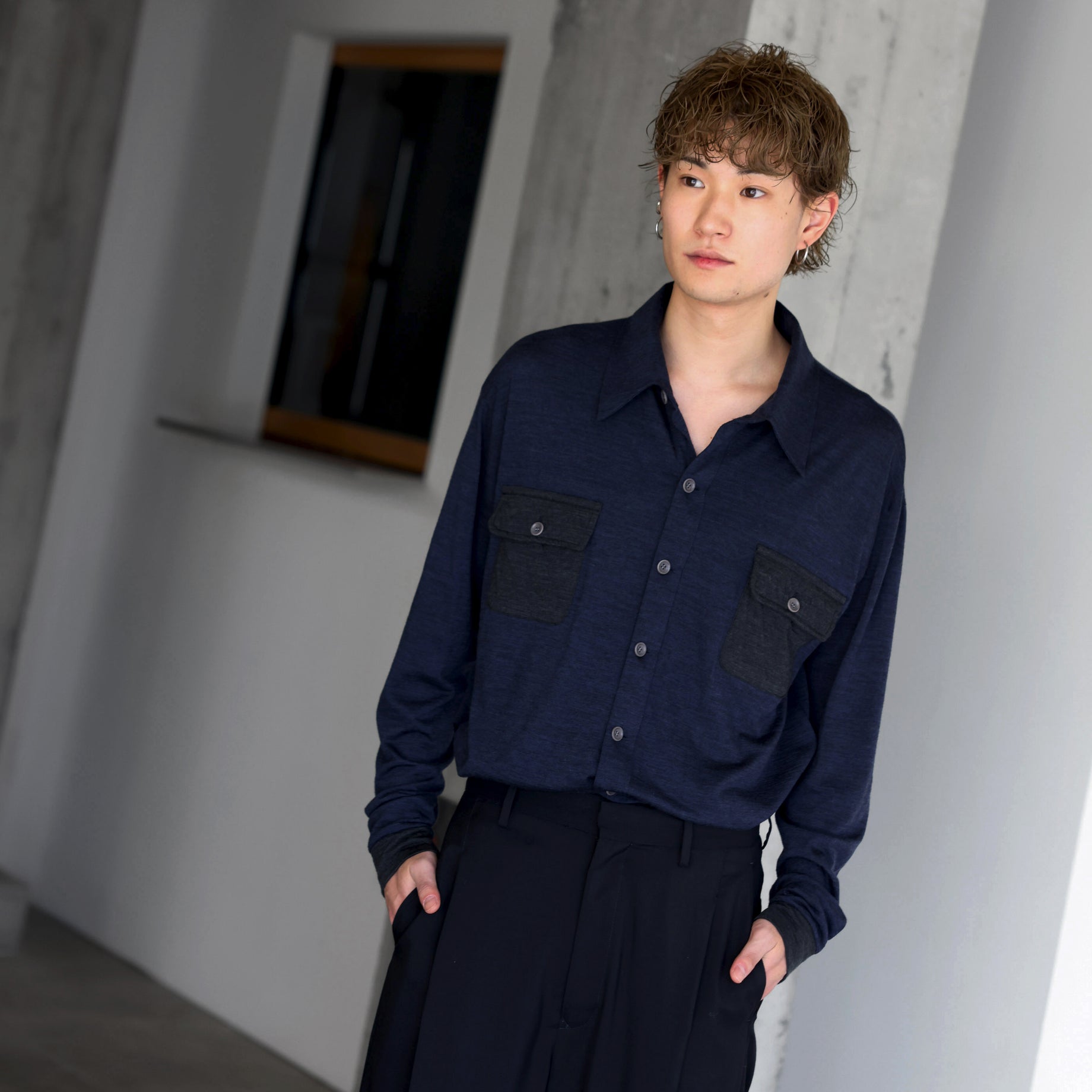 SUPER 120'S TOP WOOL JERSEY FRAP SHIRT (NV × CHARCOAL)