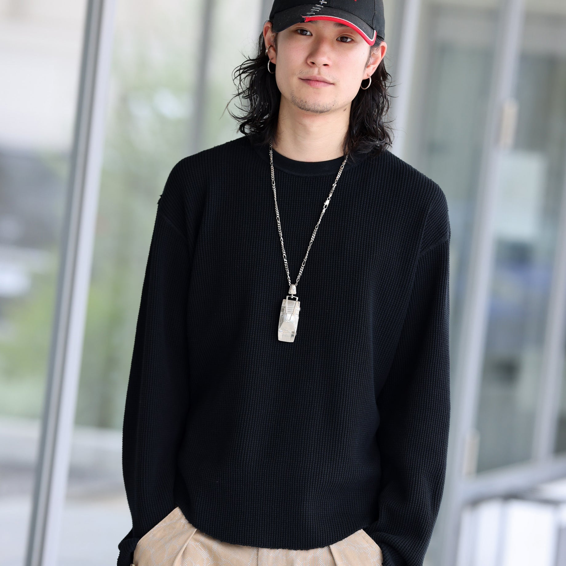 LONG-SLEEVE WAFFLE T-SHIRT(BLACK)