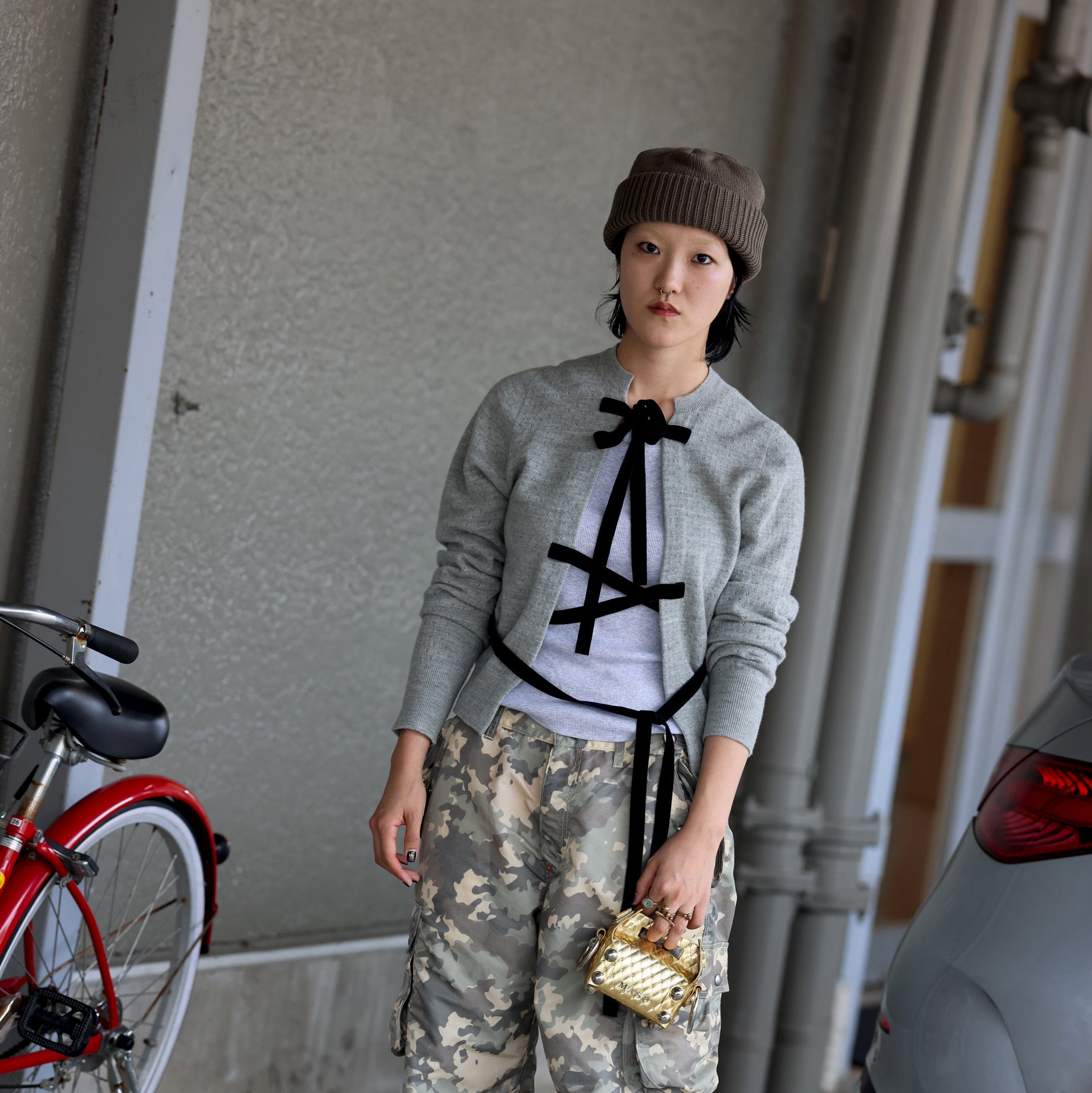 RIBBON CARDIGAN - BOILED KNIT(GREY)