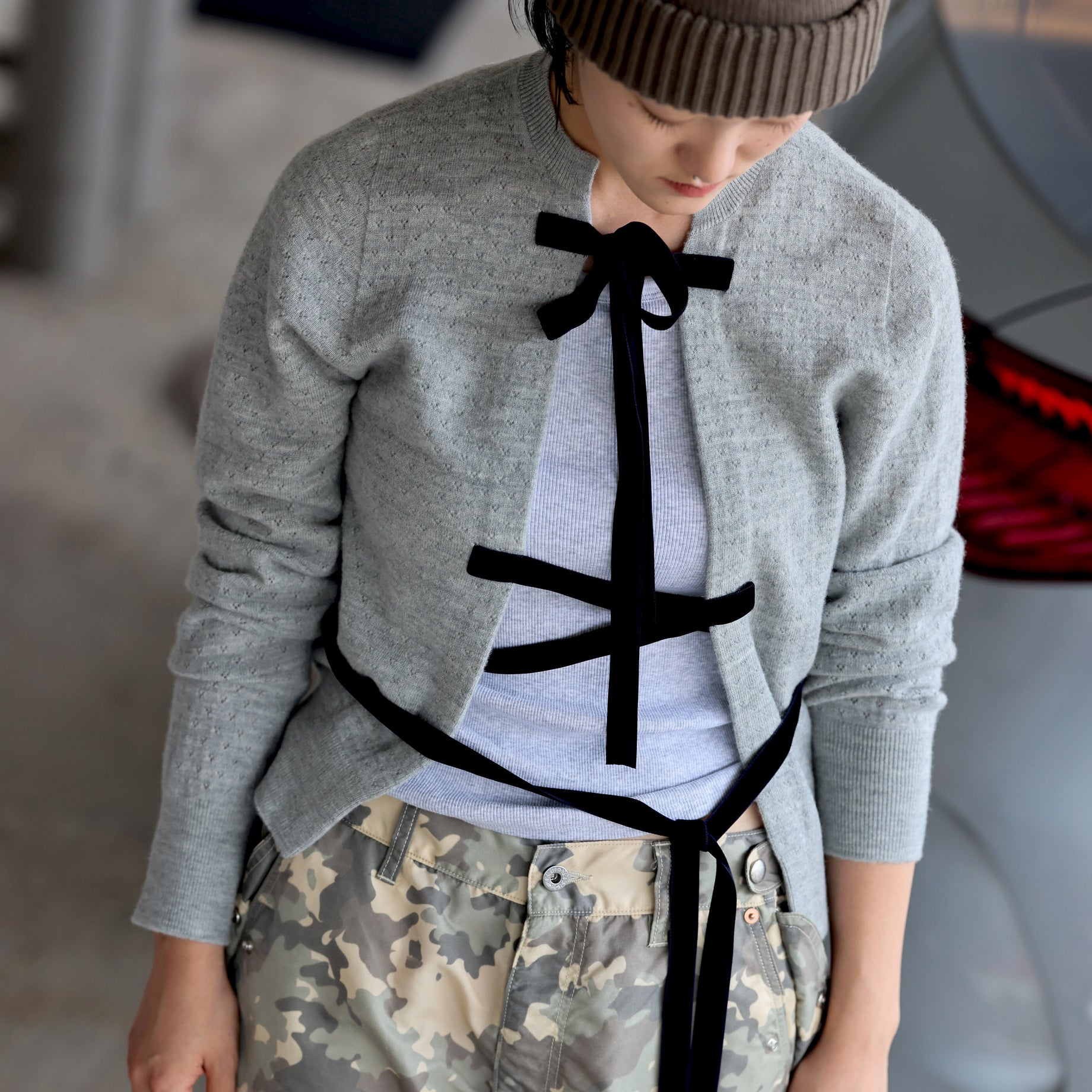 RIBBON CARDIGAN - BOILED KNIT(GREY)