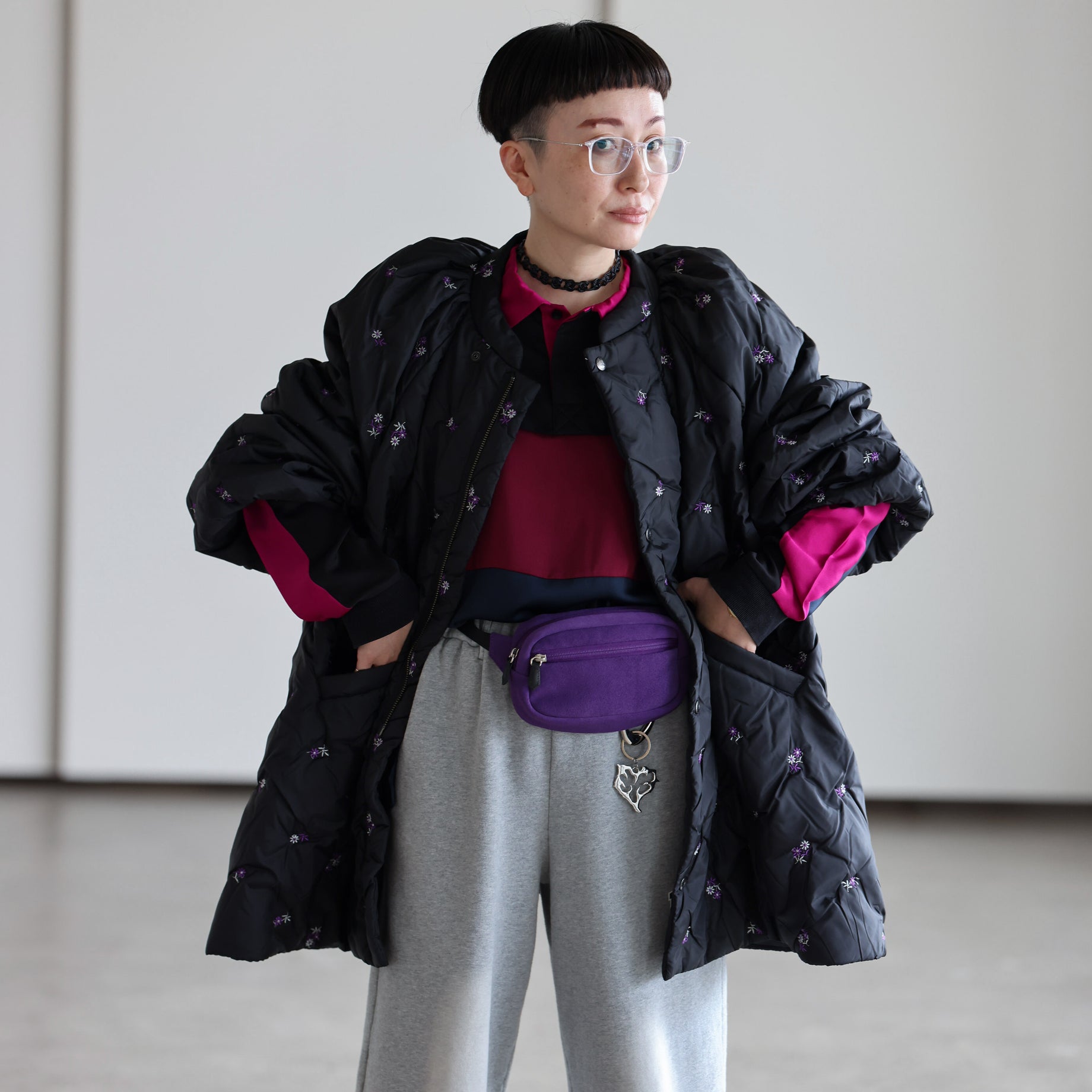 PADDED COAT - ORIGINAL FLORAL EMB.(BLACK)