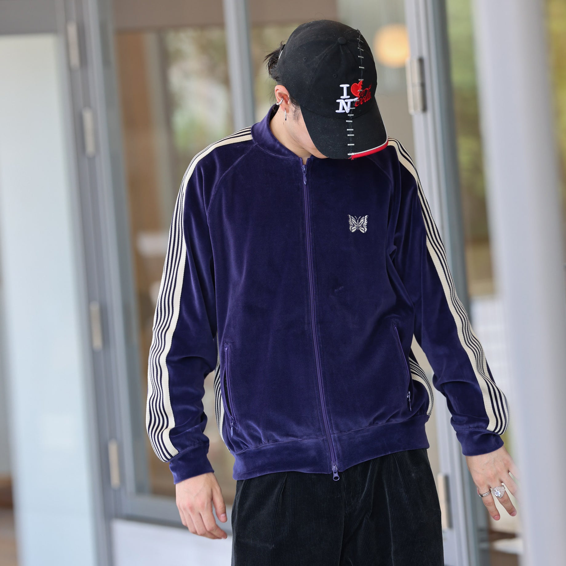 RIB COLLAR TRACK JACKET - C/PE VELOUR (NAVY)
