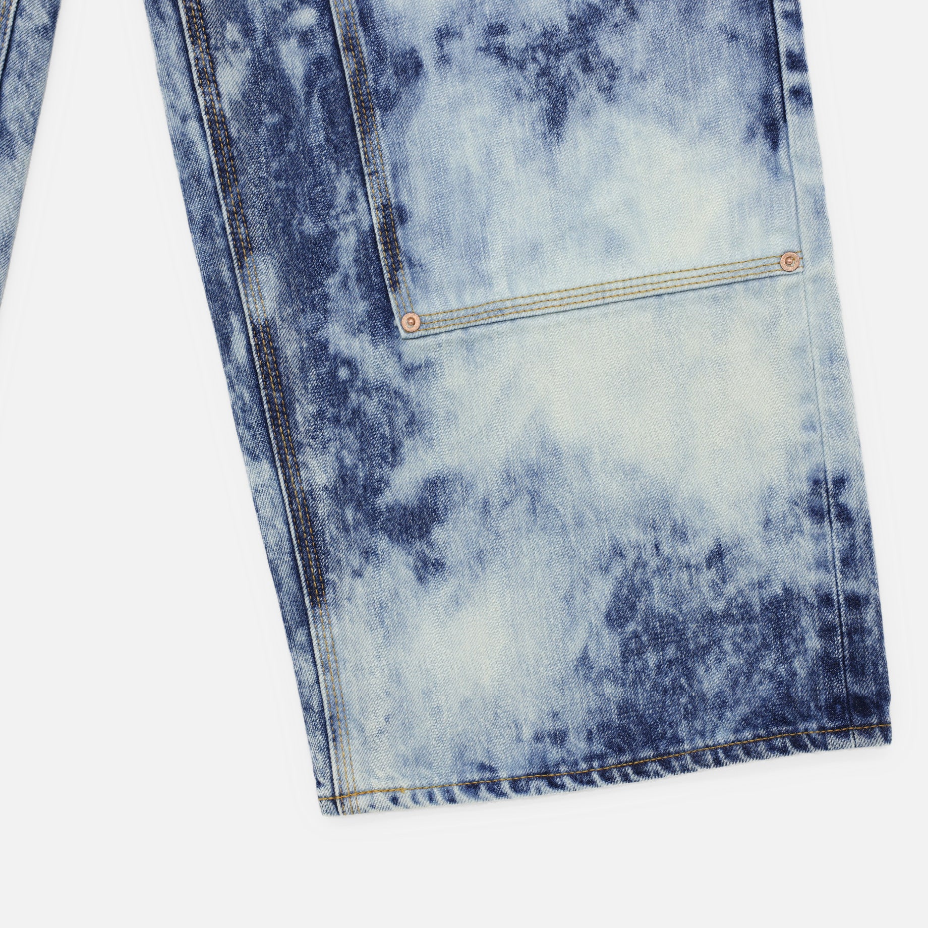 RANDOM BLEACH DOUBLE KNEE DENIM PANTS(FADED INDIGO)