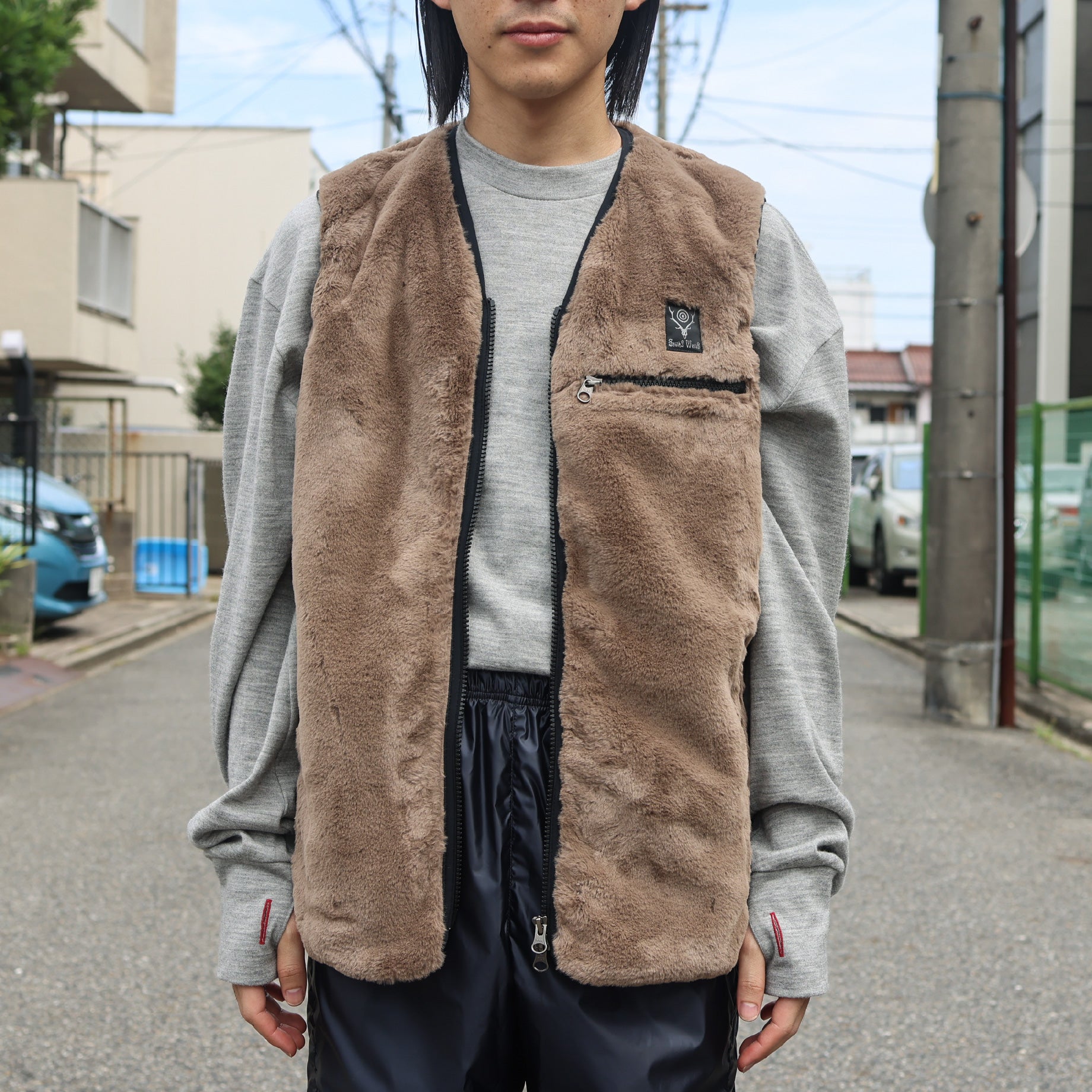 PIPING VEST - MICRO FUR(BROWN)
