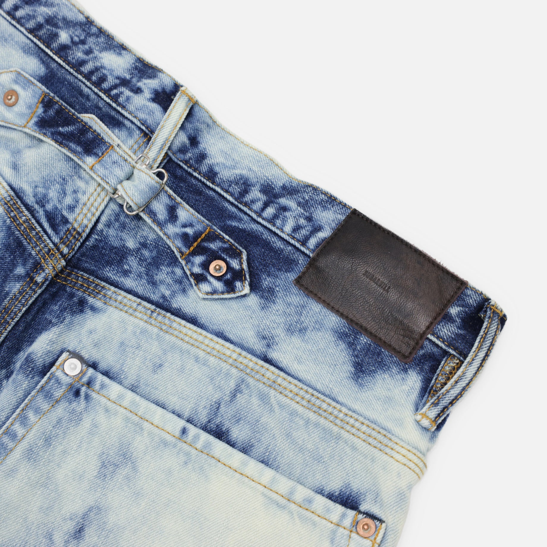 RANDOM BLEACH DOUBLE KNEE DENIM PANTS(FADED INDIGO)