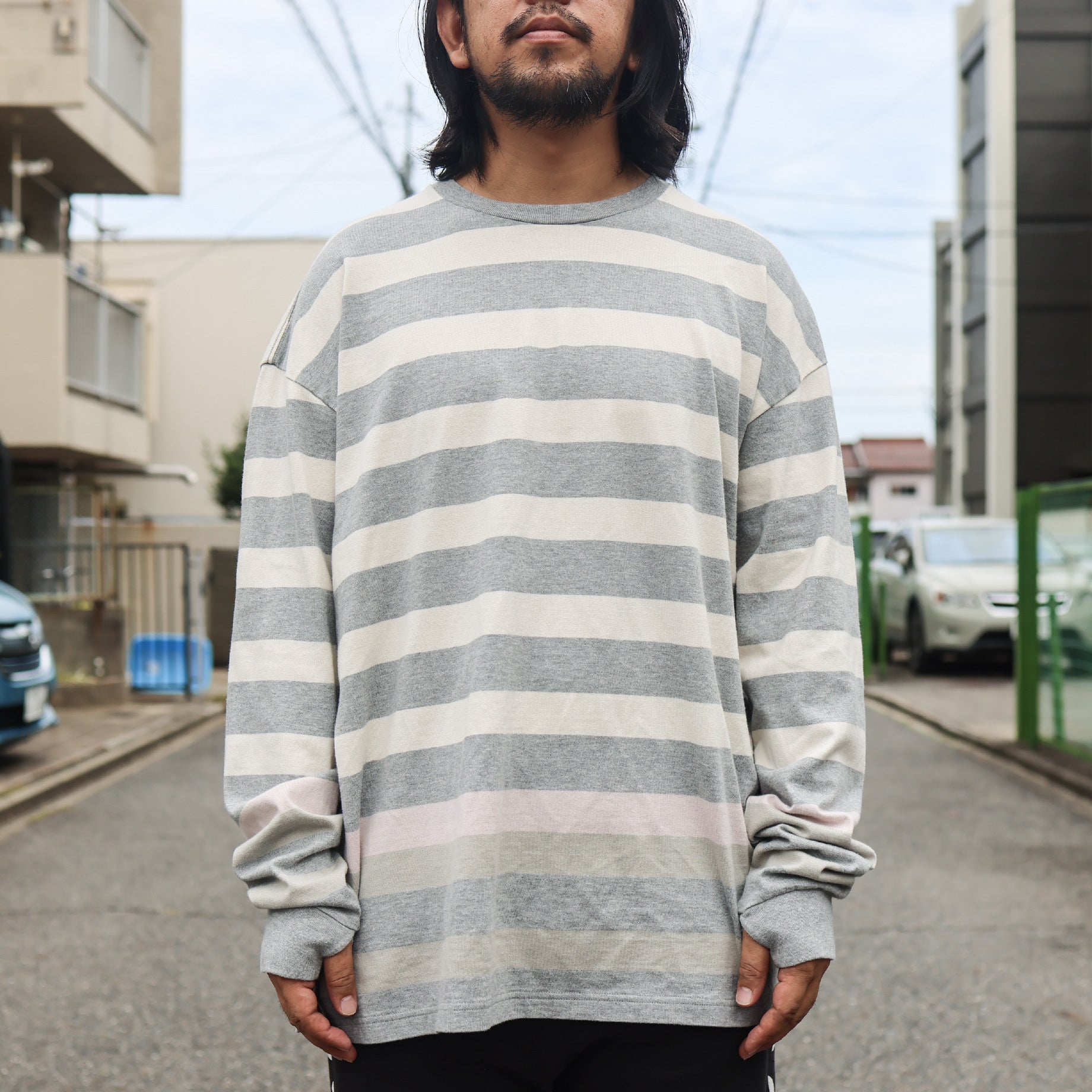LONG-SLEEVE BORDER T-SHIRT(GRAY × PINK)