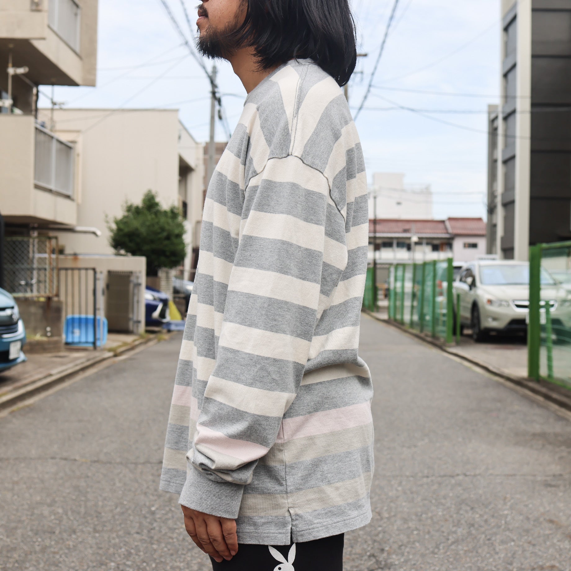 LONG-SLEEVE BORDER T-SHIRT(GRAY × PINK)