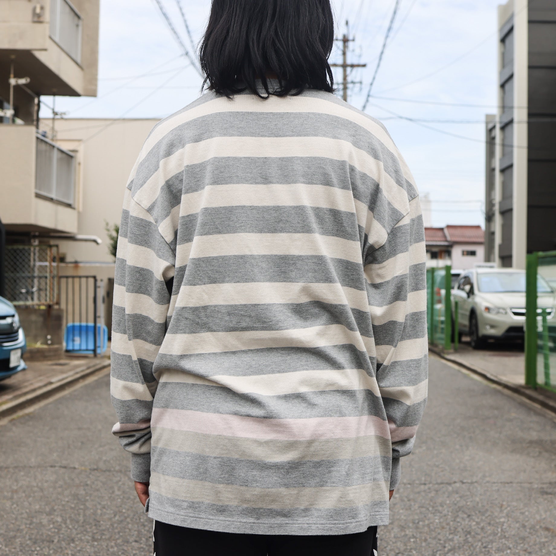 LONG-SLEEVE BORDER T-SHIRT(GRAY × PINK)