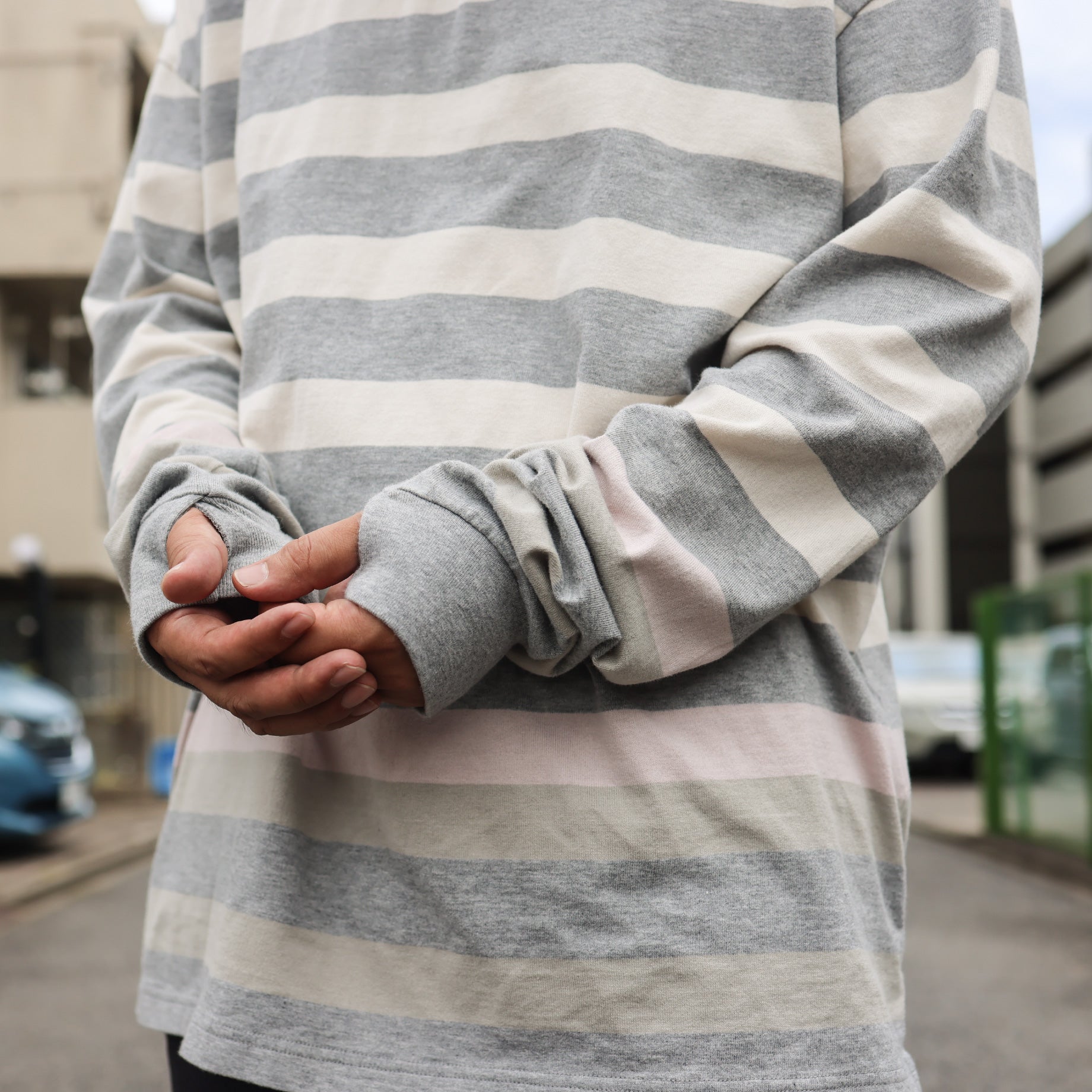 LONG-SLEEVE BORDER T-SHIRT(GRAY × PINK)