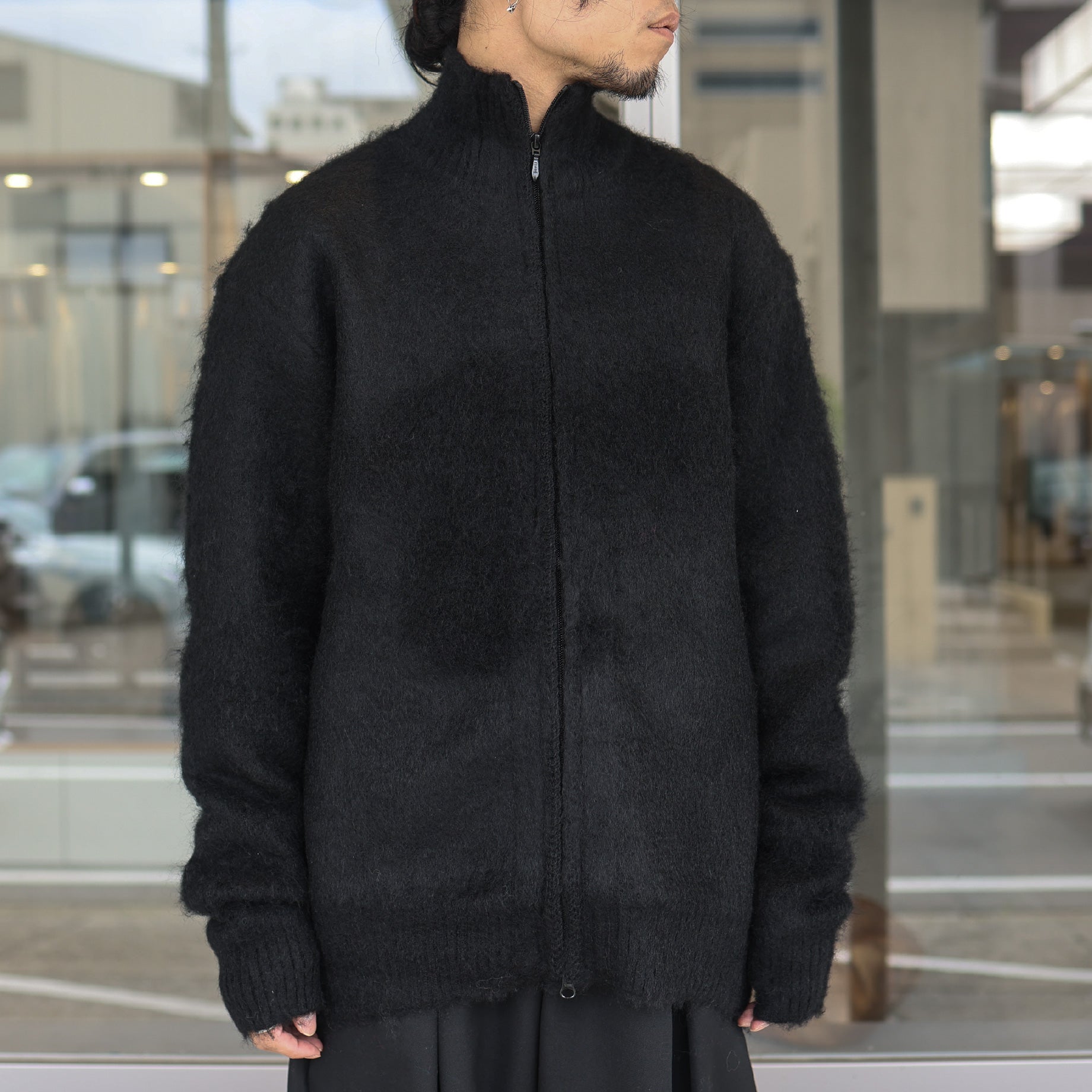 ZIPPED MOHAIR CARDIGAN - SOLID(BLACK)