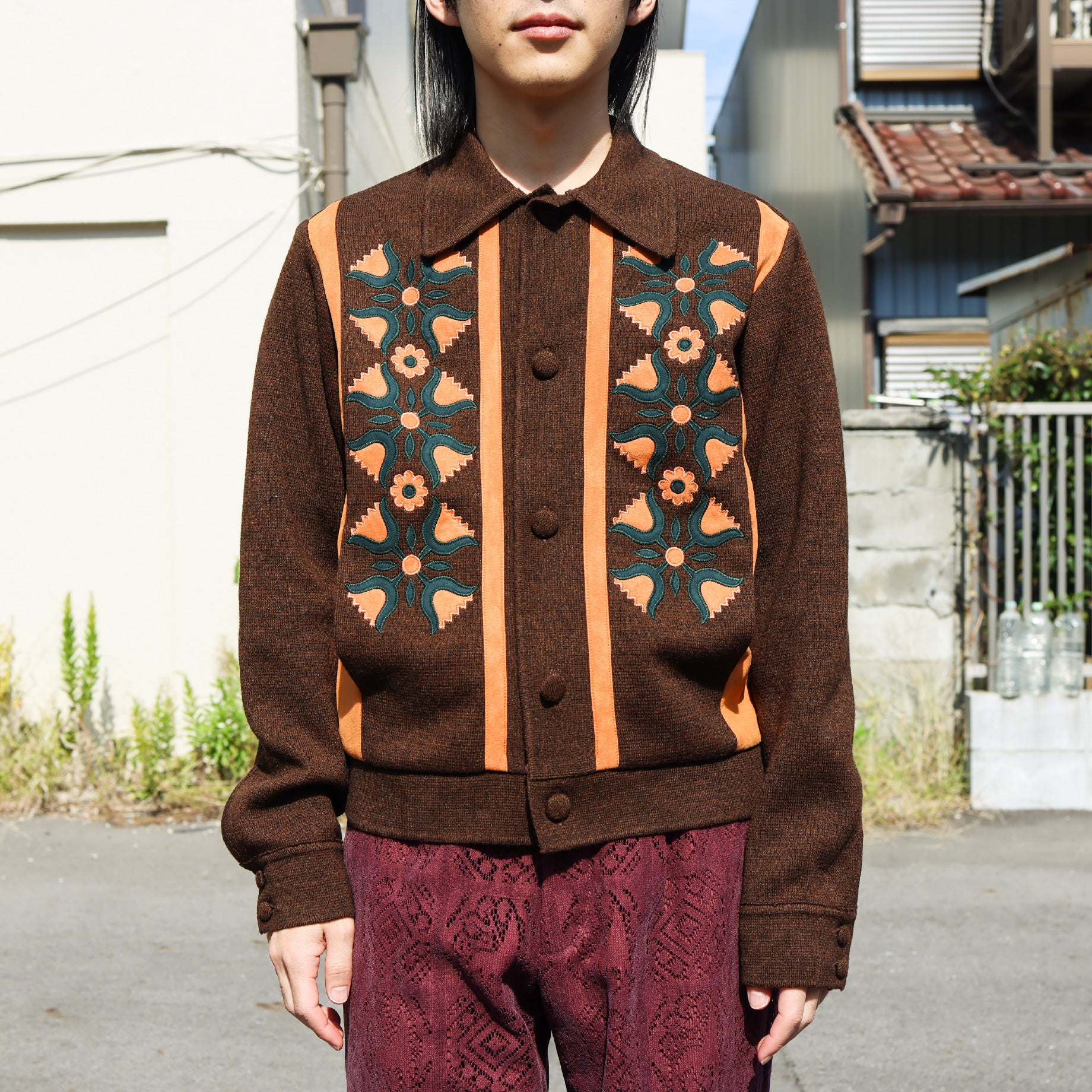 KNIT CARDIGAN "FLOWER"(BROWN)