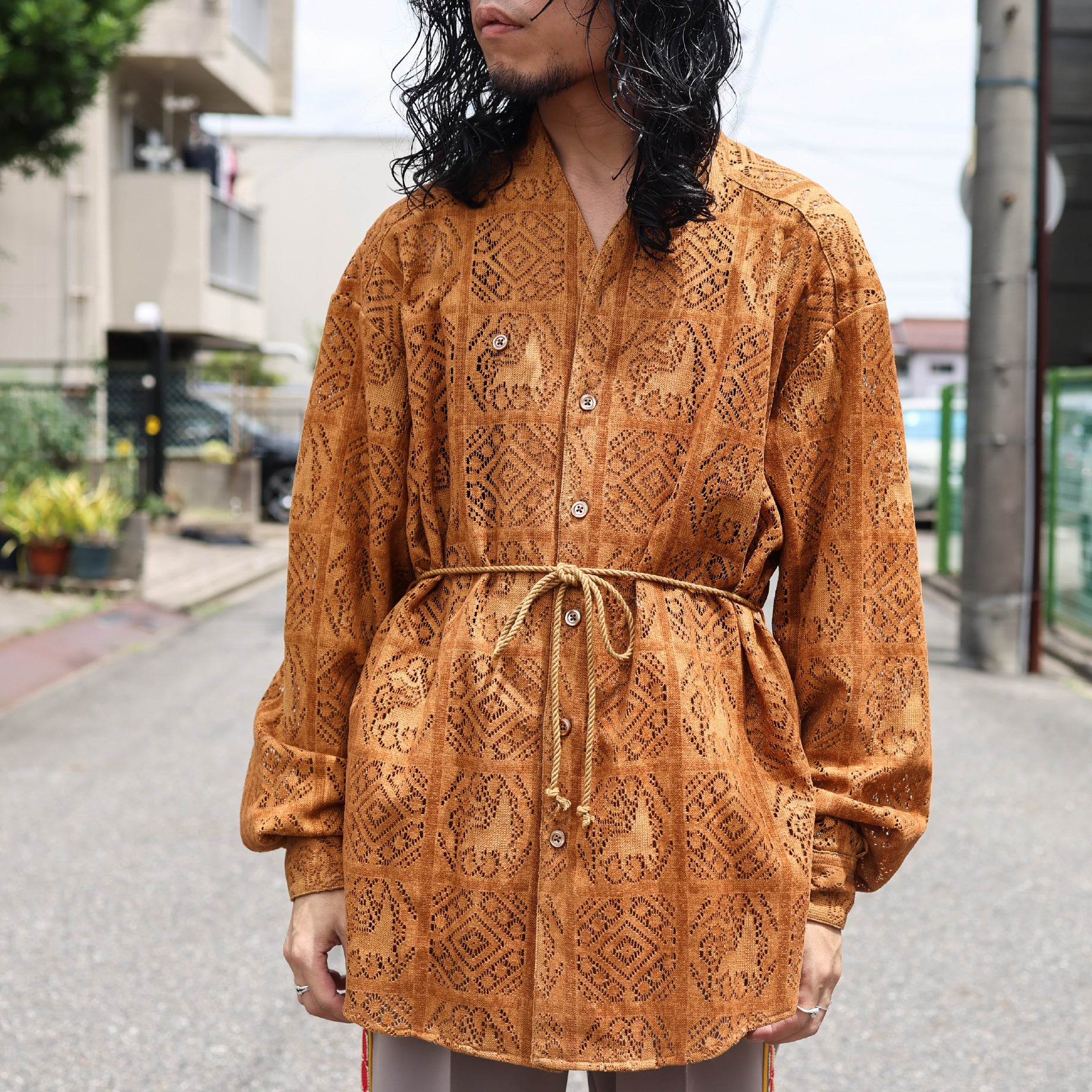 VELVET LACE WA-NECK SHIRT(CAMEL)