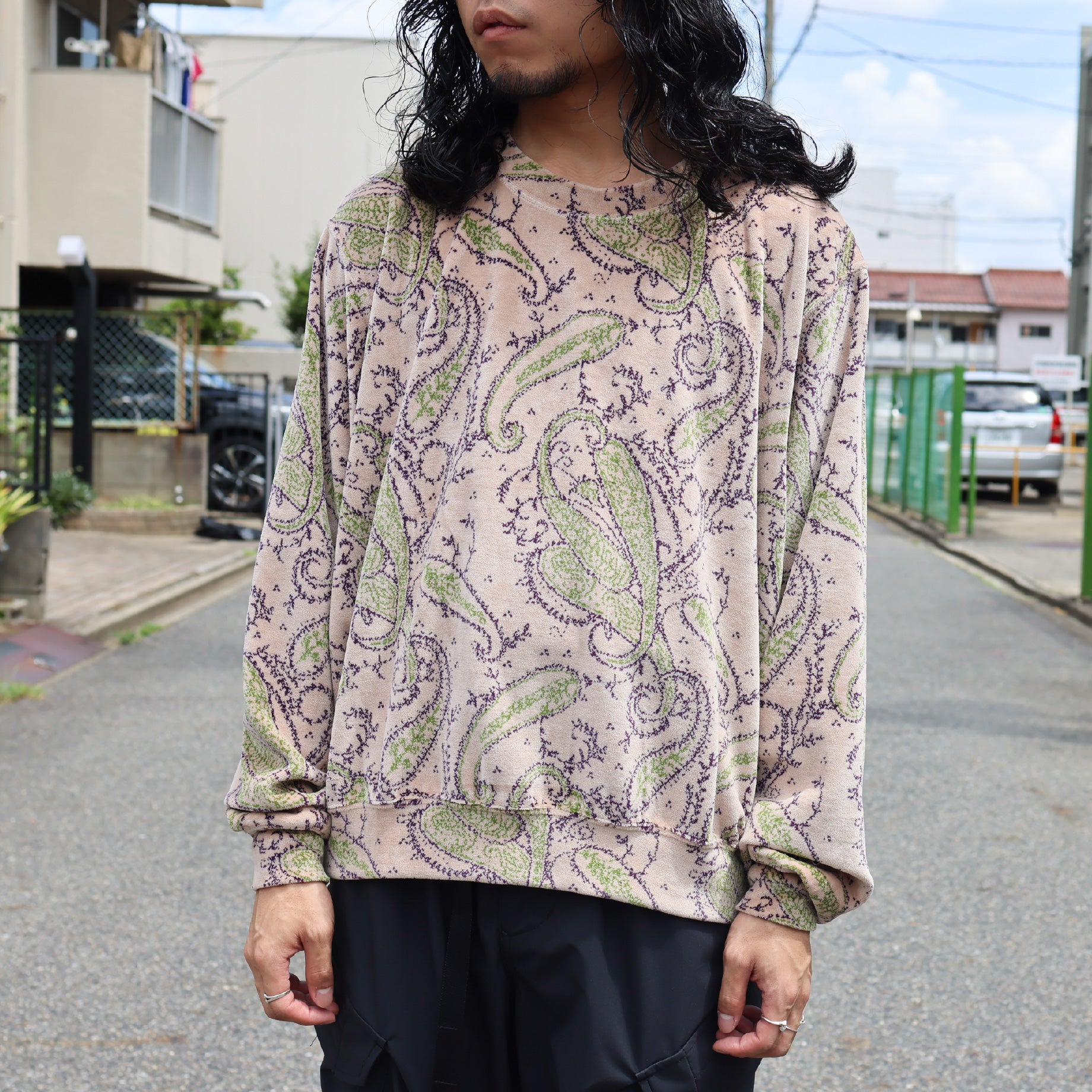 CREW SWEAT SHIRT - PAISLEY VELOUR JQ.(BEIGE)