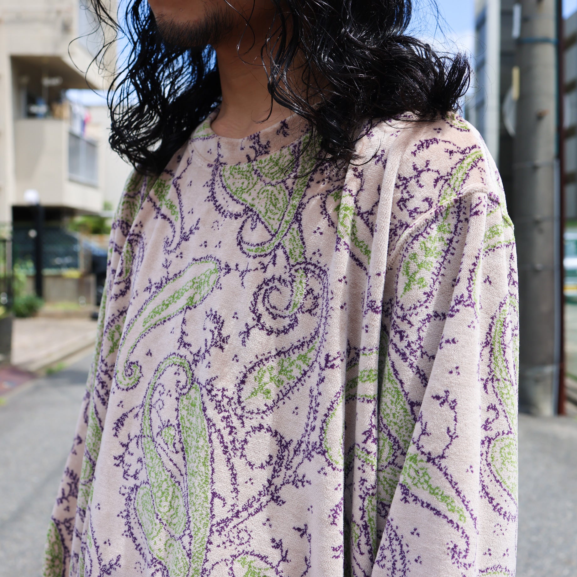 CREW SWEAT SHIRT - PAISLEY VELOUR JQ.(BEIGE)