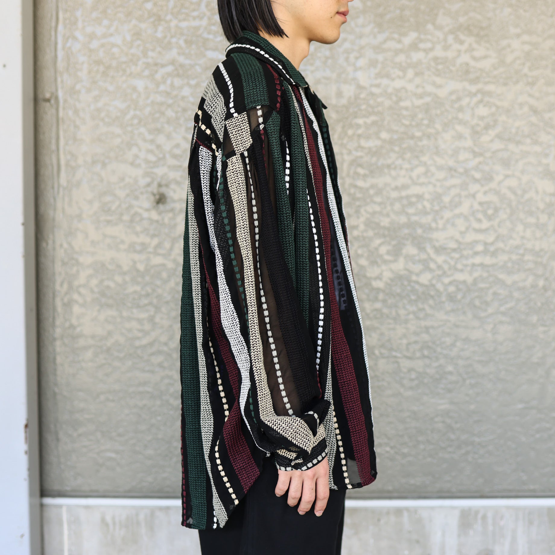 PAINTER SHIRT - POLY CHIFFON / EMB. STRIPE(BLACK / MULTI)