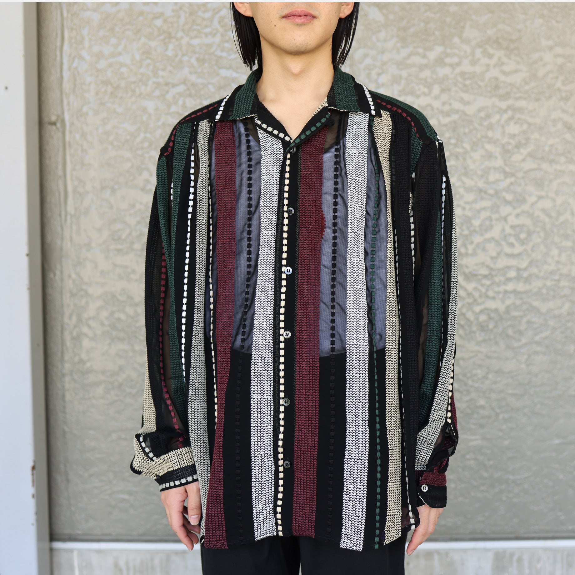 PAINTER SHIRT - POLY CHIFFON / EMB. STRIPE(BLACK / MULTI)