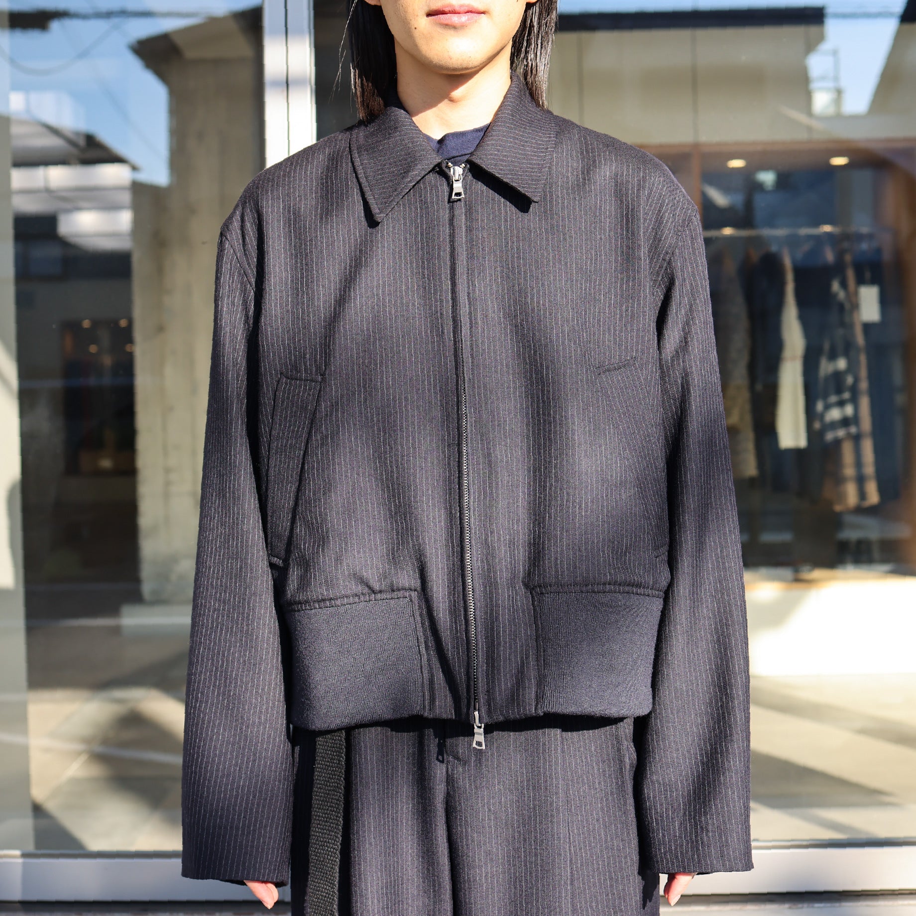 WOOL STRIPE ZIP UP BLOUSON(D.NAVY)