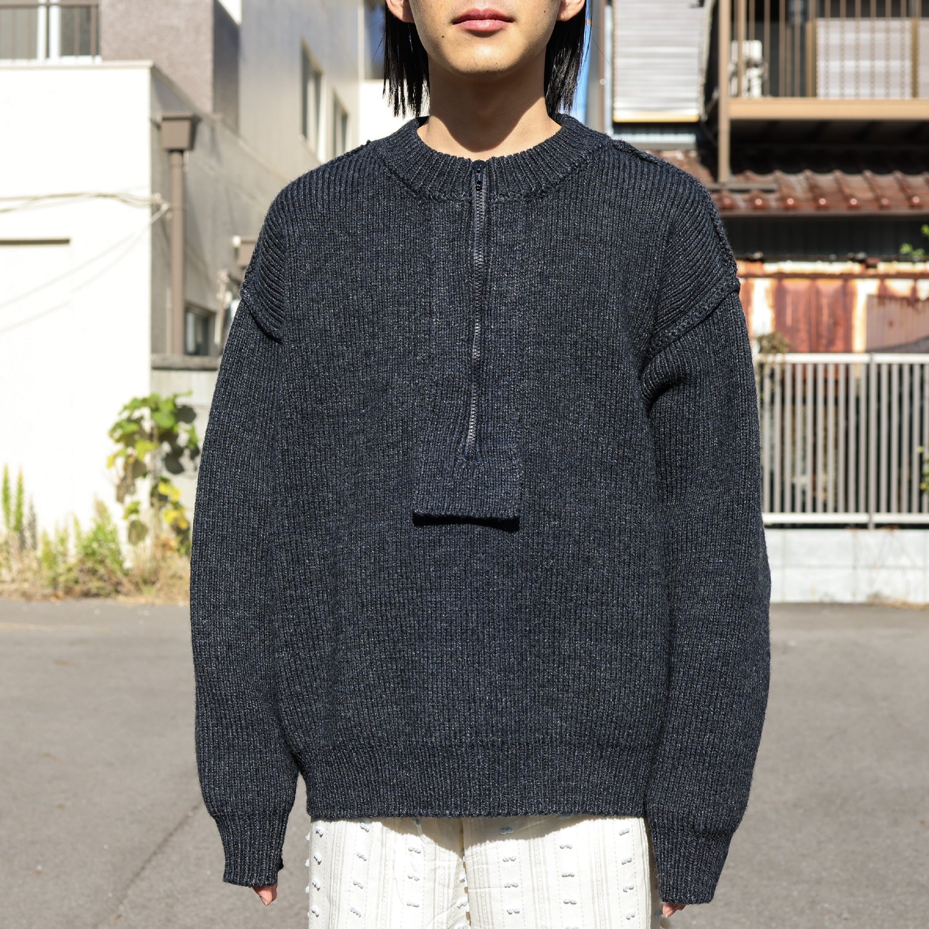 ZIP UP PULLOVER KNIT(CHARCOAL BLACK)