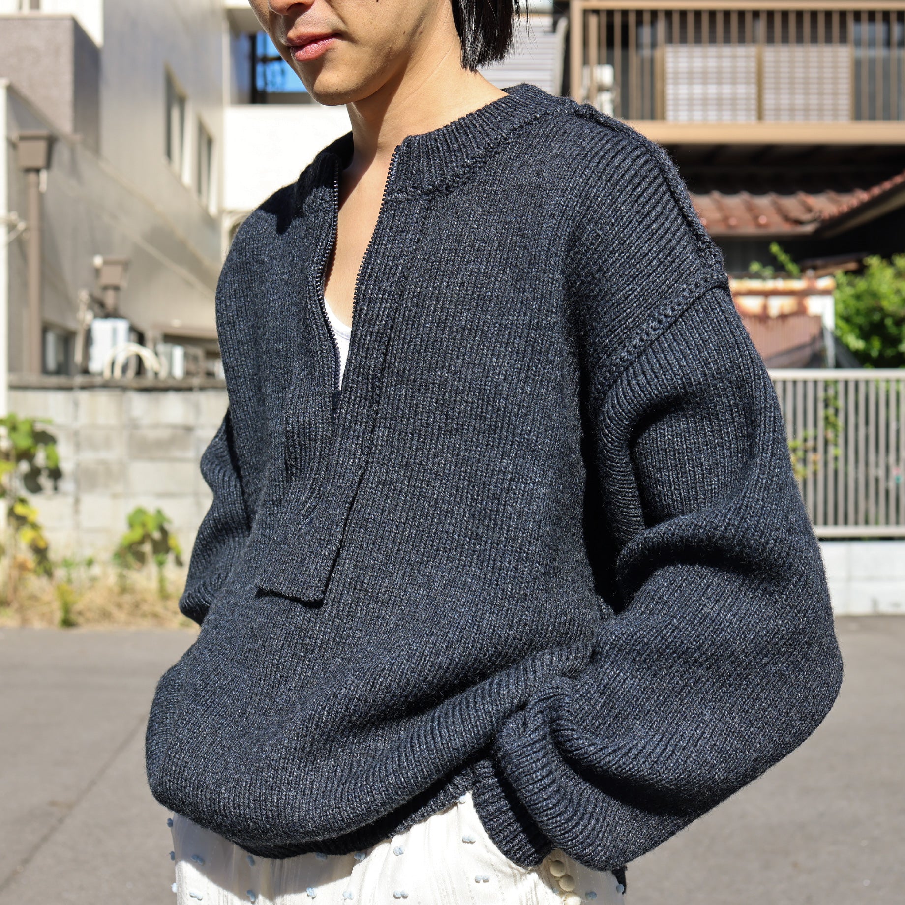 ZIP UP PULLOVER KNIT(CHARCOAL BLACK)