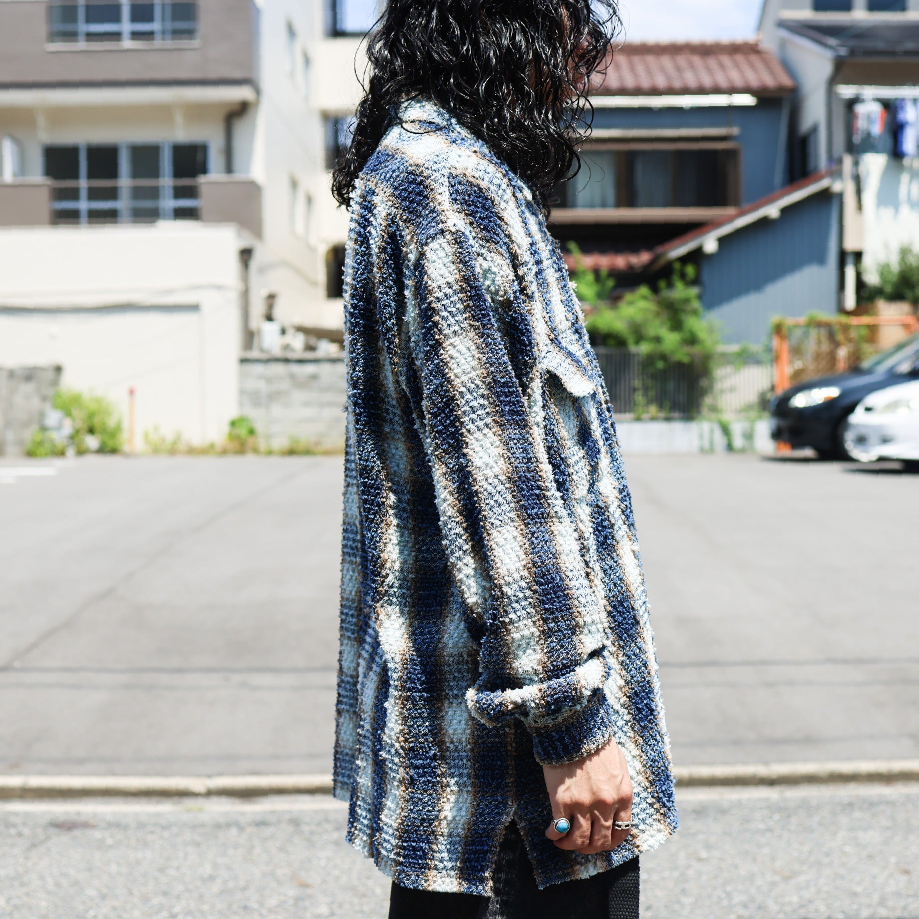 INDIGO COTTON OMBRE PLAID PUNCHING BLOUSE(INDIGO&BROWN)