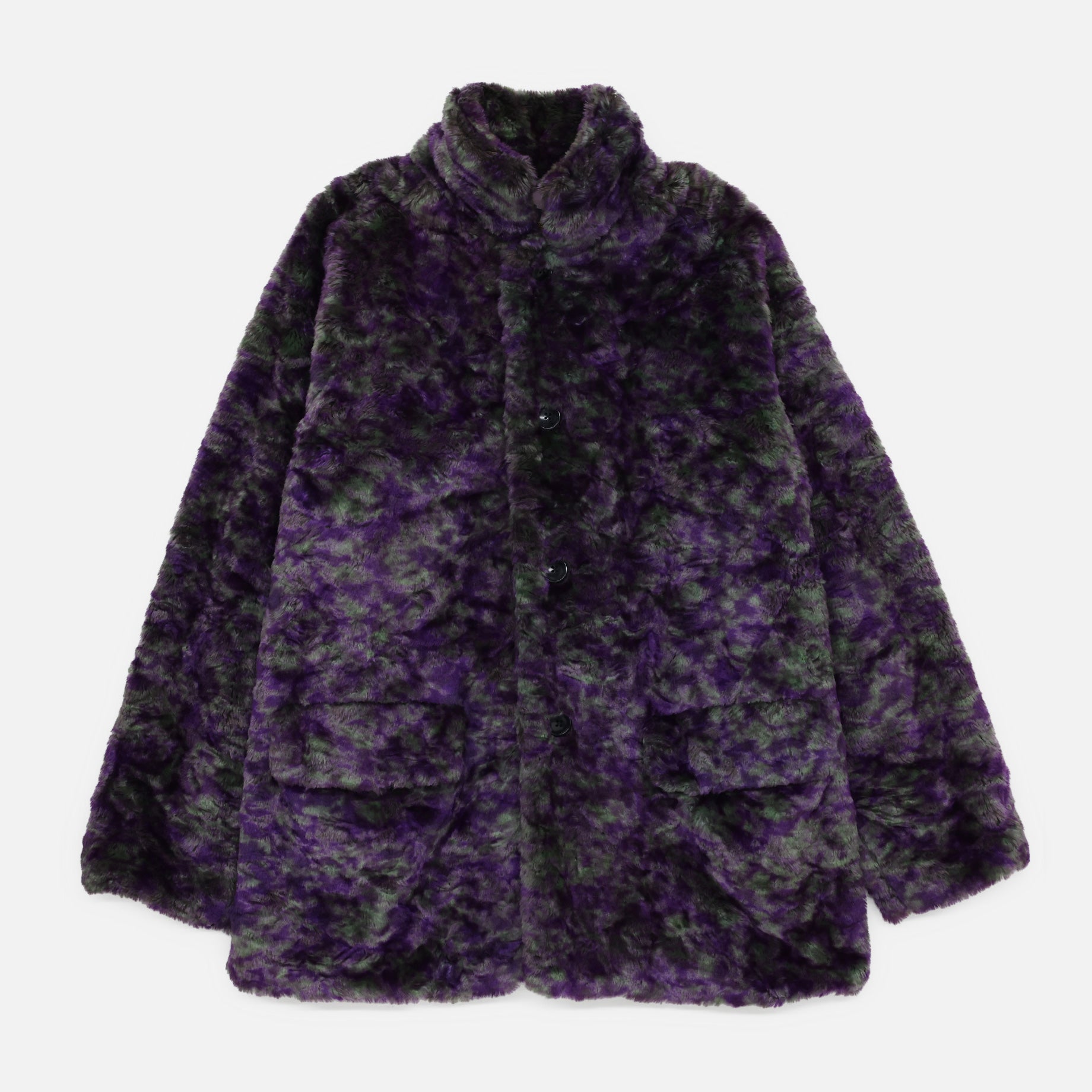 S.C. CAR COAT - FAUX FUR / UNEVEN PRINTED(PURPLE / GREEN)