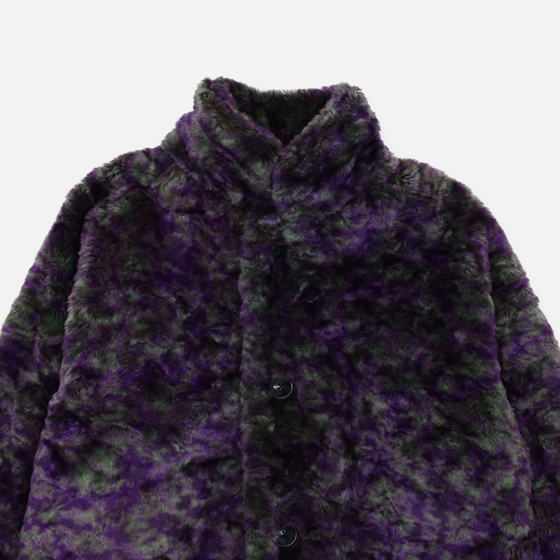 S.C. CAR COAT - FAUX FUR / UNEVEN PRINTED(PURPLE / GREEN)