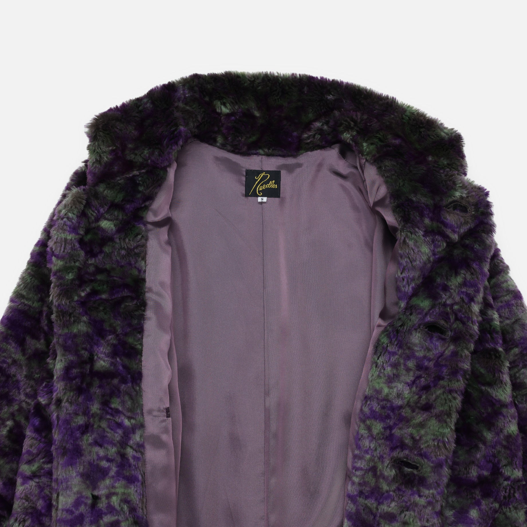 S.C. CAR COAT - FAUX FUR / UNEVEN PRINTED(PURPLE / GREEN)