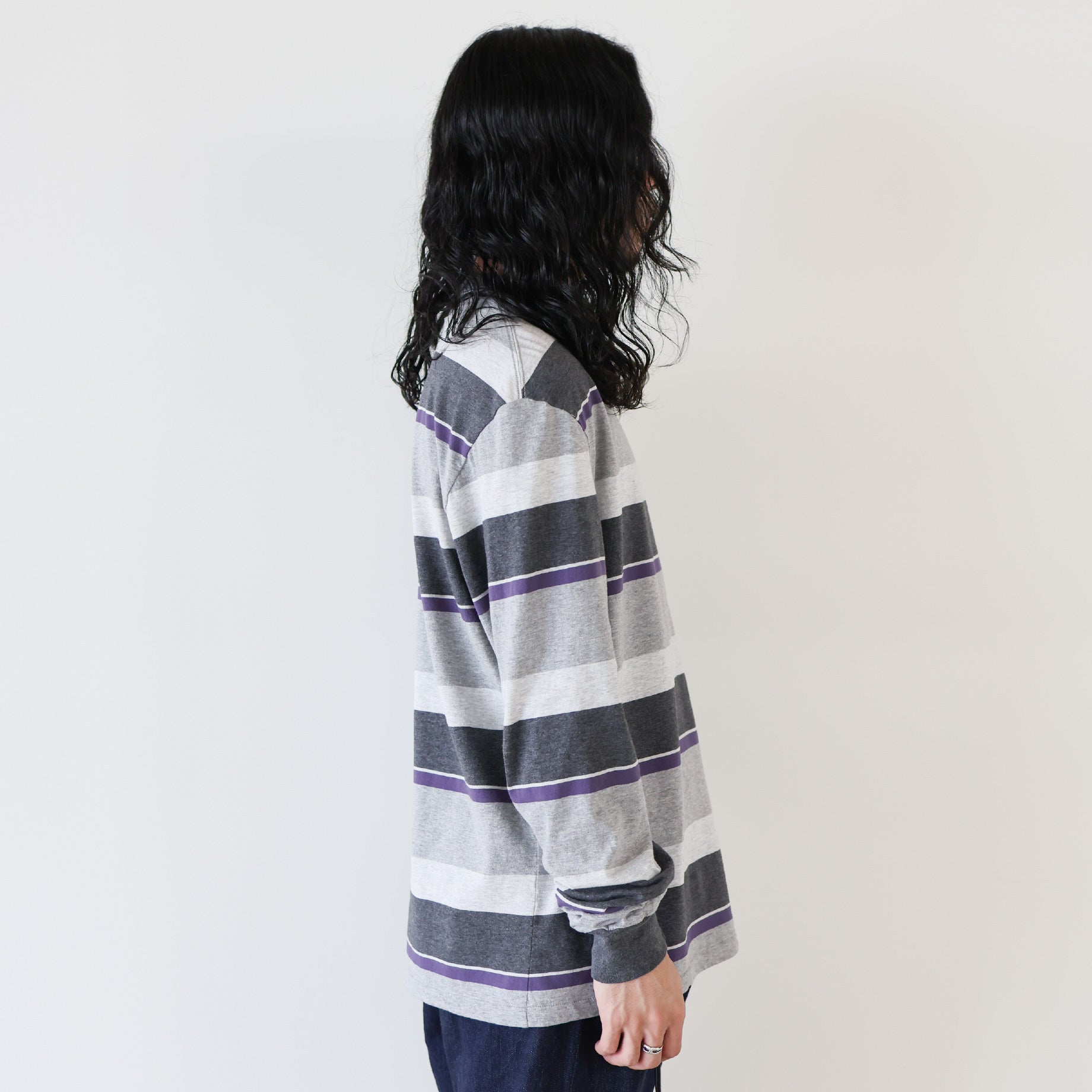 LONG - SLEEVE BORDER T-SHIRT(PURPLE×GRAY)