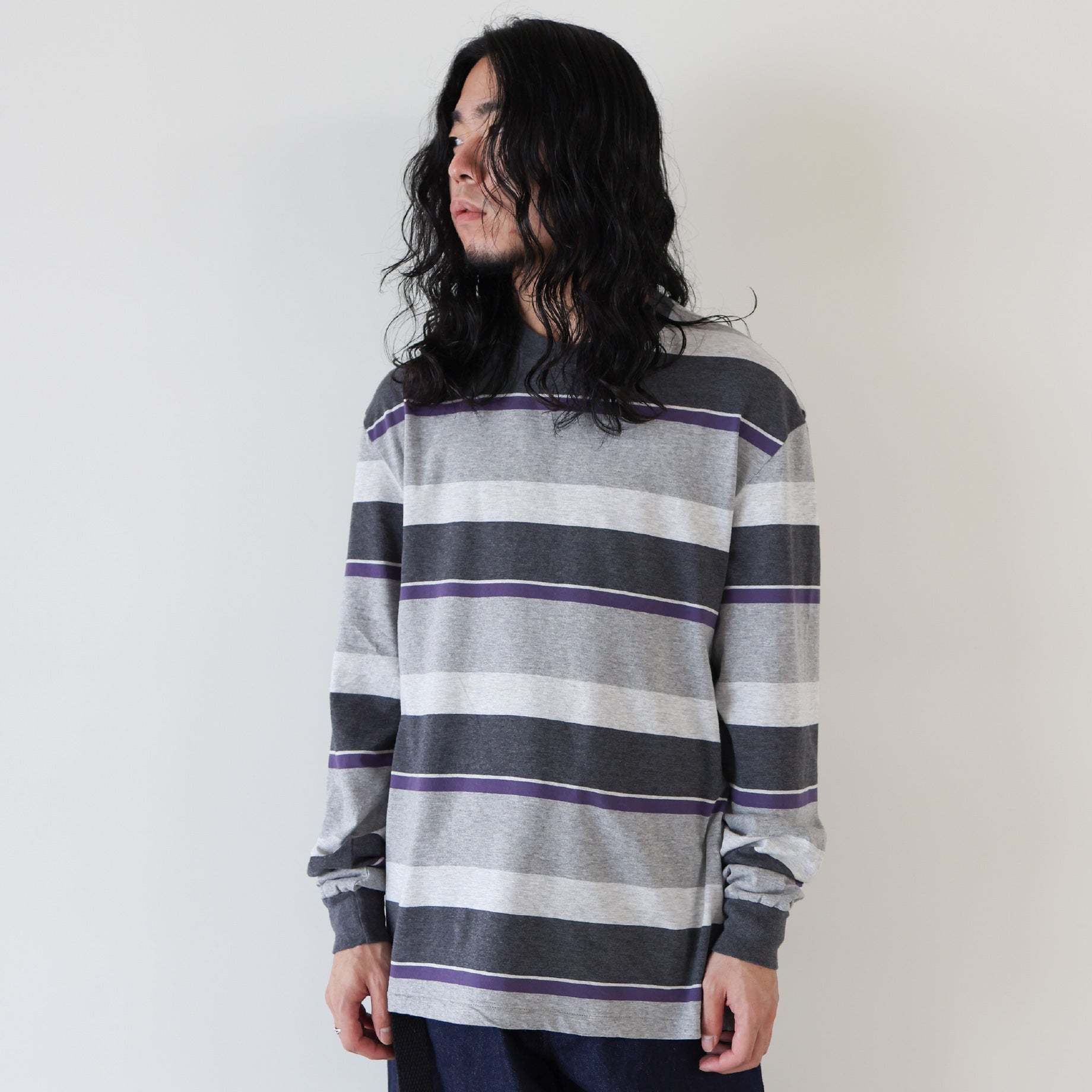 LONG - SLEEVE BORDER T-SHIRT(PURPLE×GRAY)