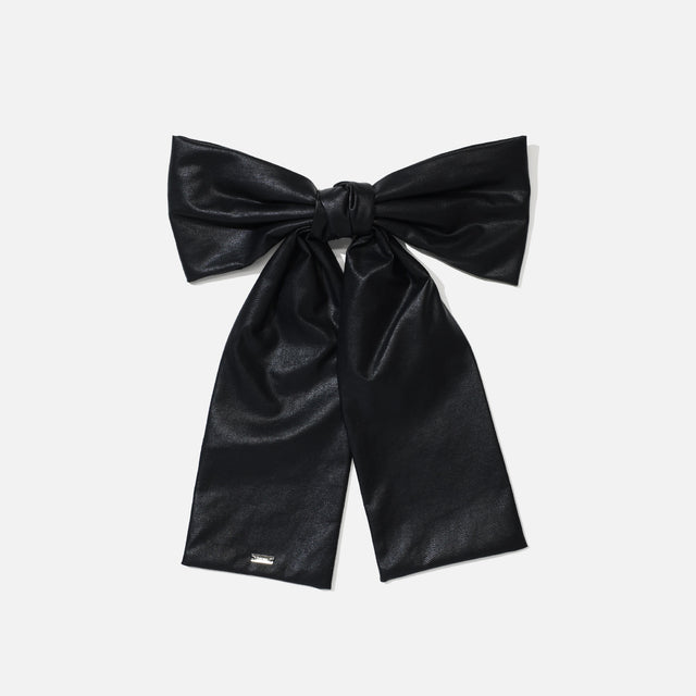 FAUX LEATHER LARGE BOW BARETTE（BLACK）