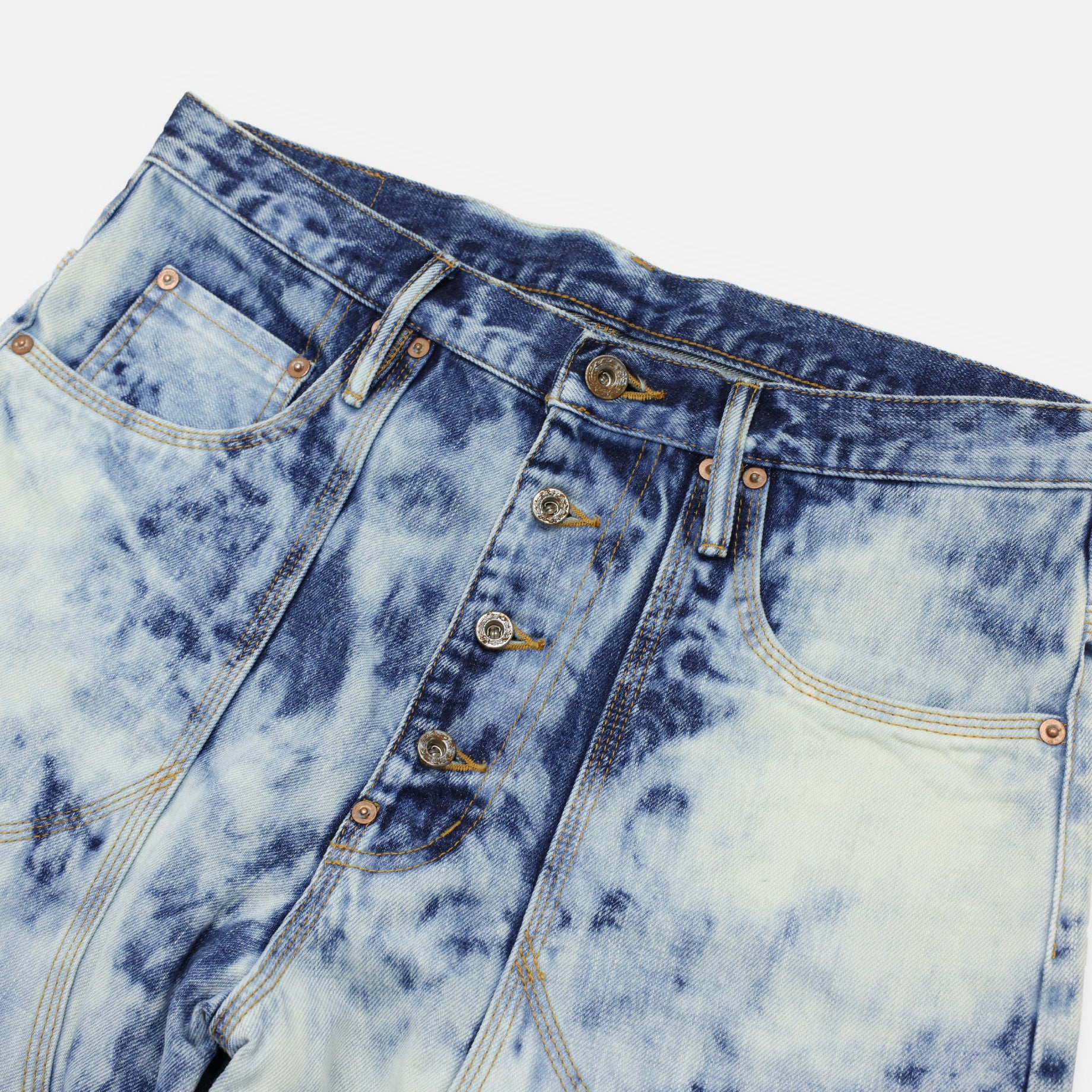 RANDOM BLEACH DOUBLE KNEE DENIM PANTS（FADED INDIGO）