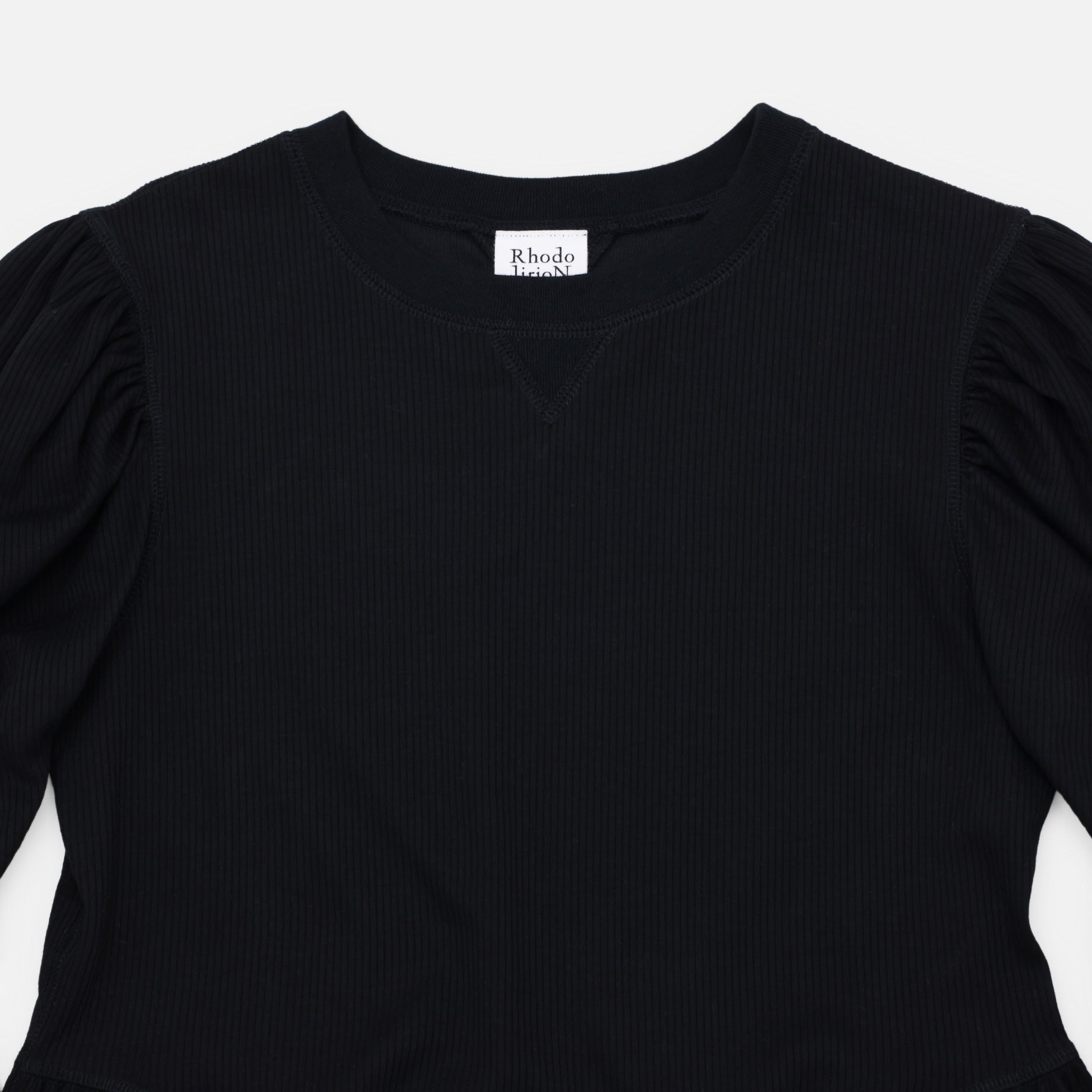 RIBBED PUFF SLEEVE PULLOVER TEE（BLACK）