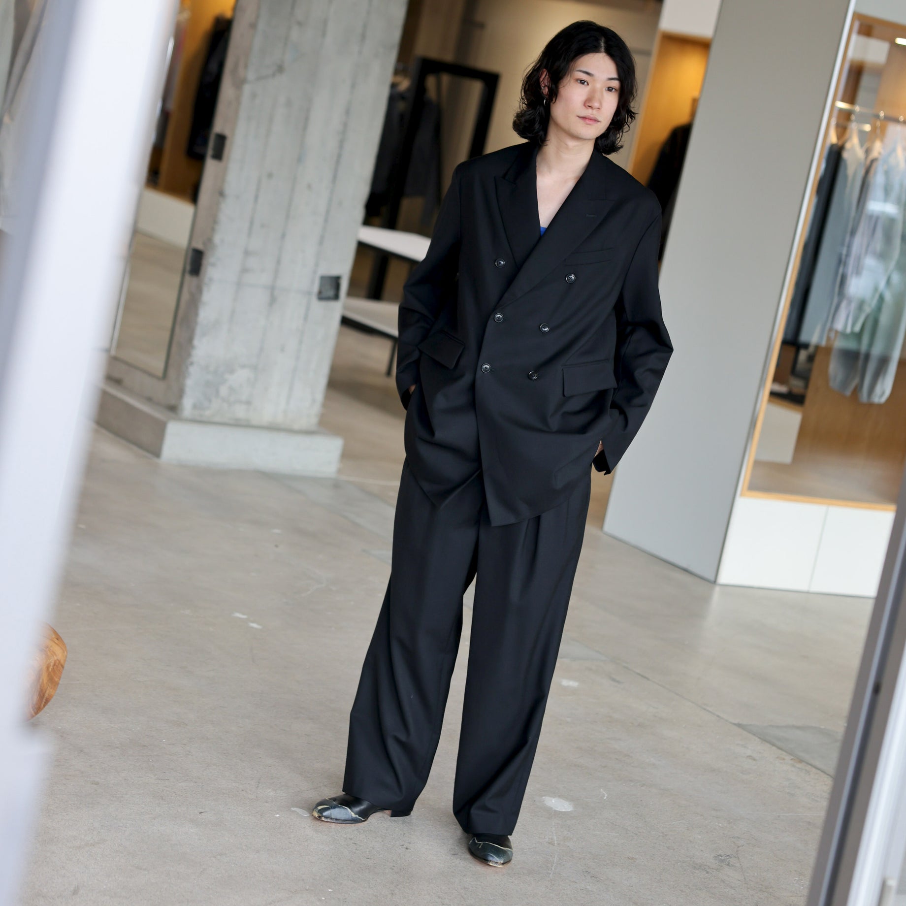 WOOL MAD CLOTH - DOUBLE BREASTED JACKET （BLACK）