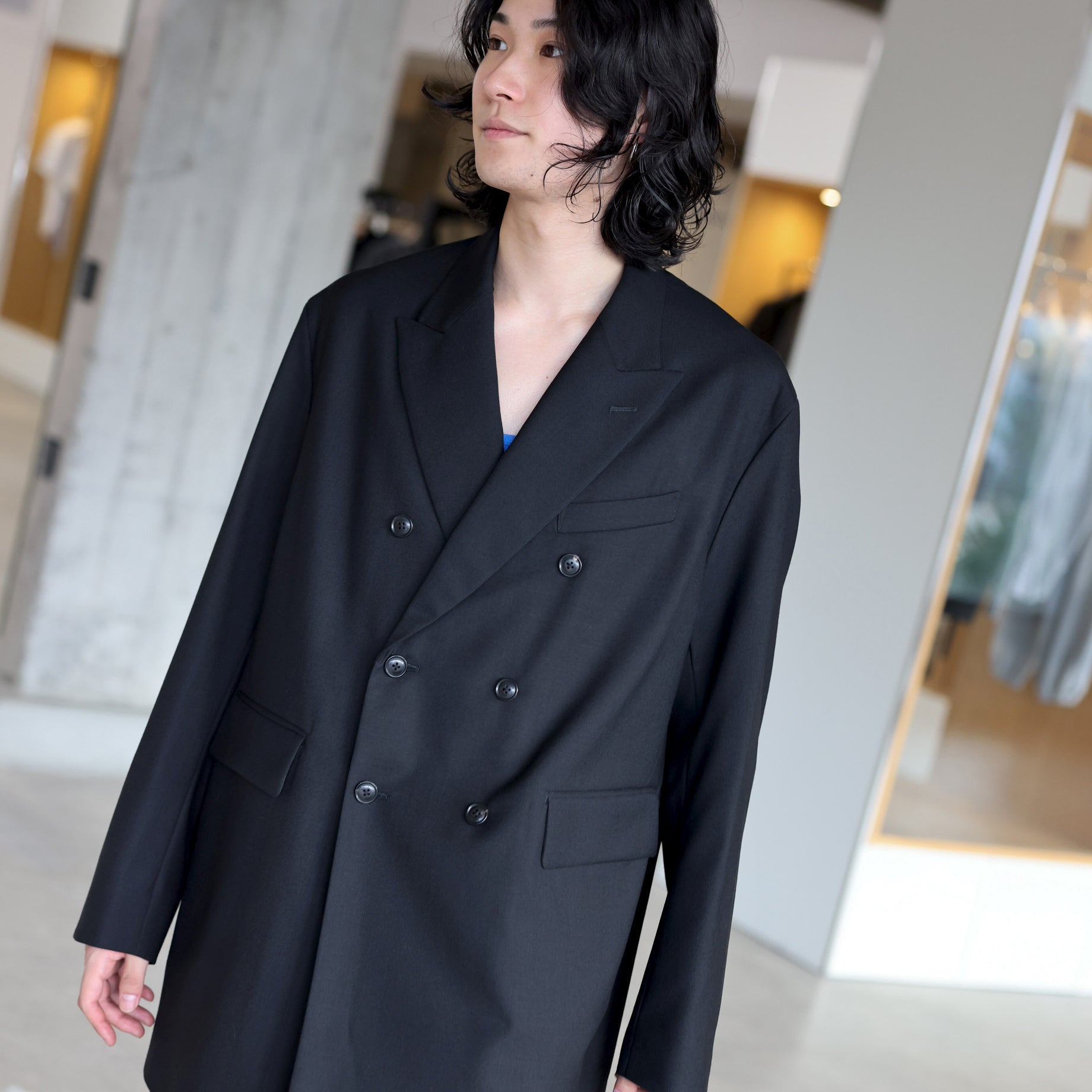 WOOL MAD CLOTH - DOUBLE BREASTED JACKET （BLACK）