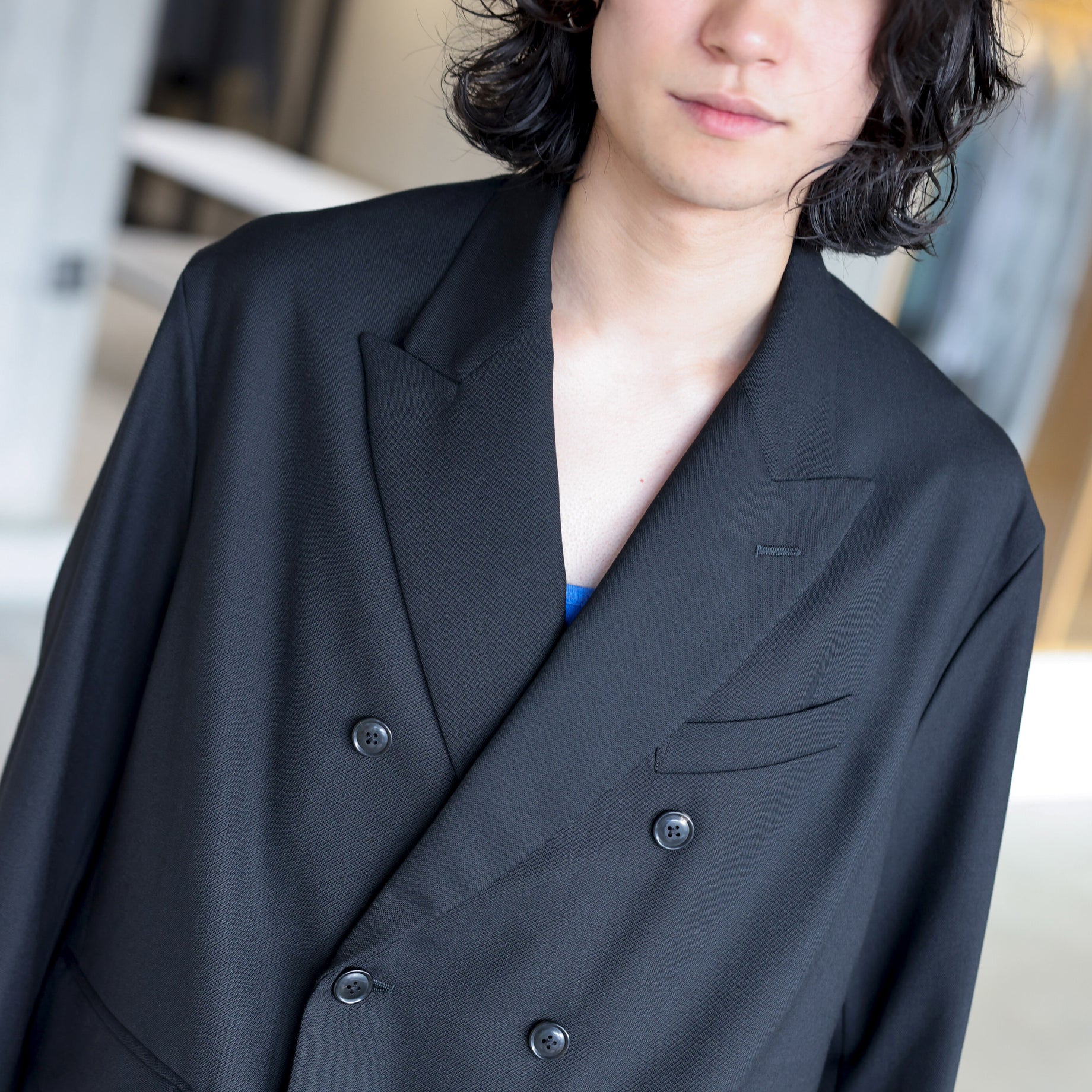 WOOL MAD CLOTH - DOUBLE BREASTED JACKET （BLACK）