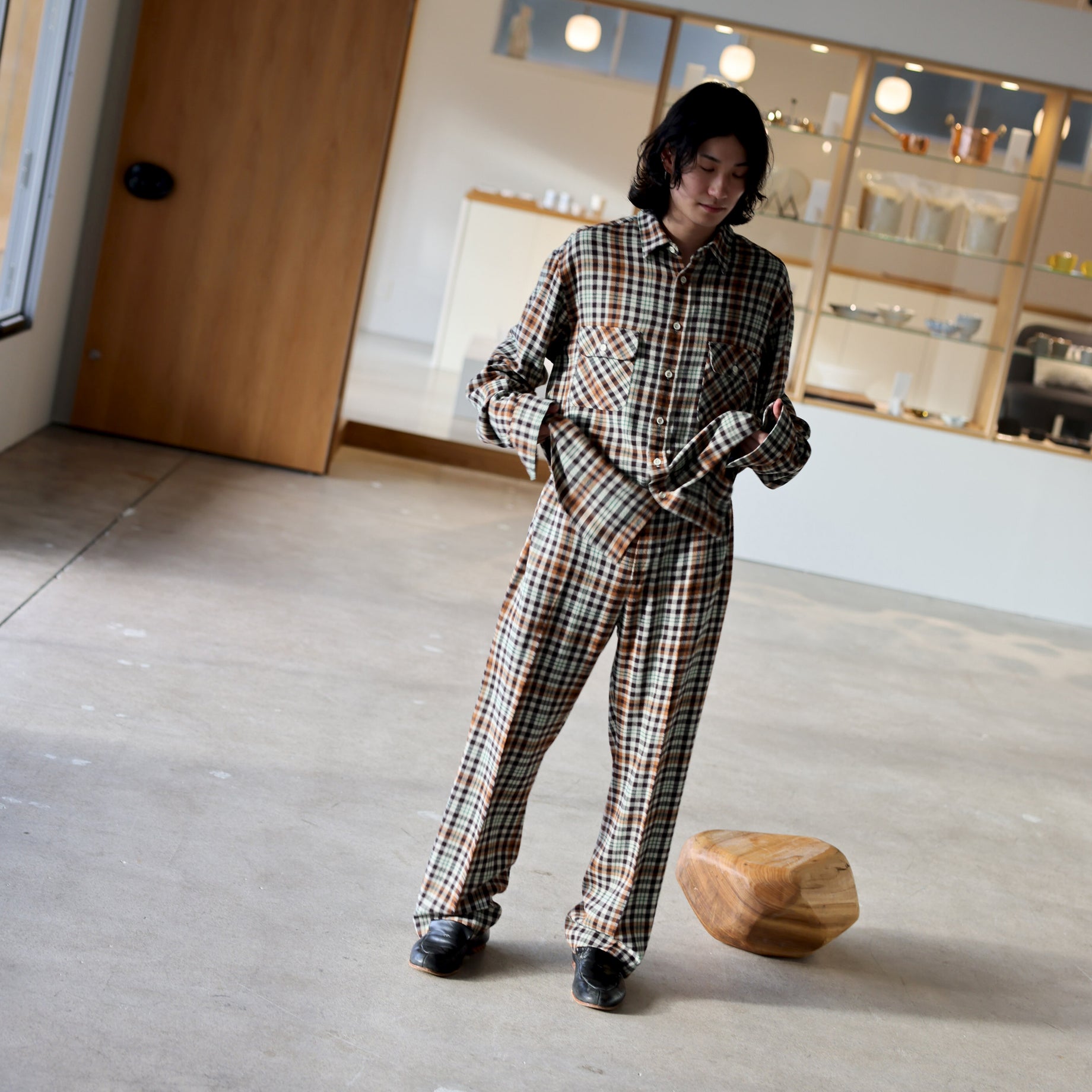 RAYON CHECK SHIRT（BEIGE × BROWN）